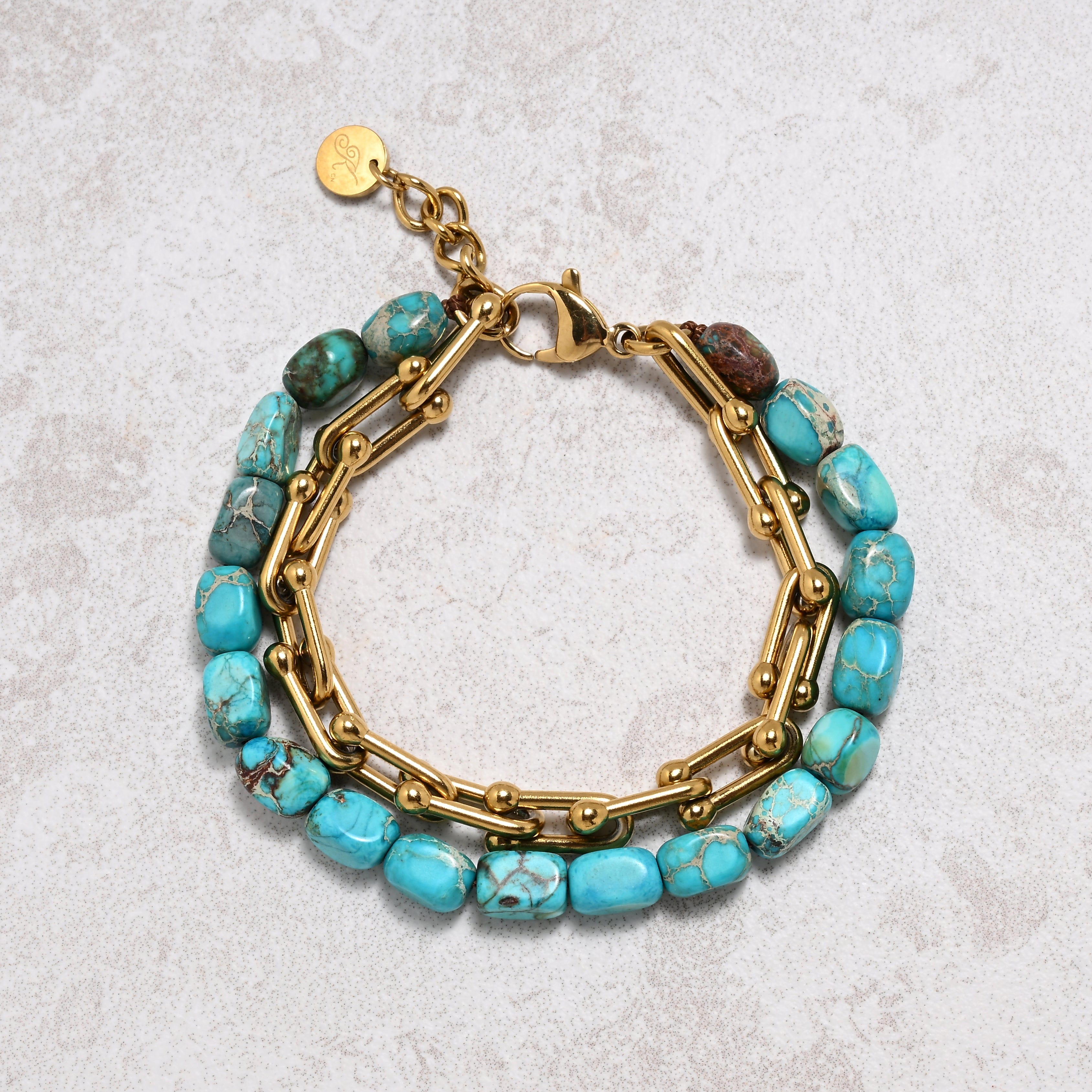 KALIFANO Gemstone Jewelry King Howlite Turquoise & Hardware Style Stainless Steel Chain Bracelet 2SB-KTQ