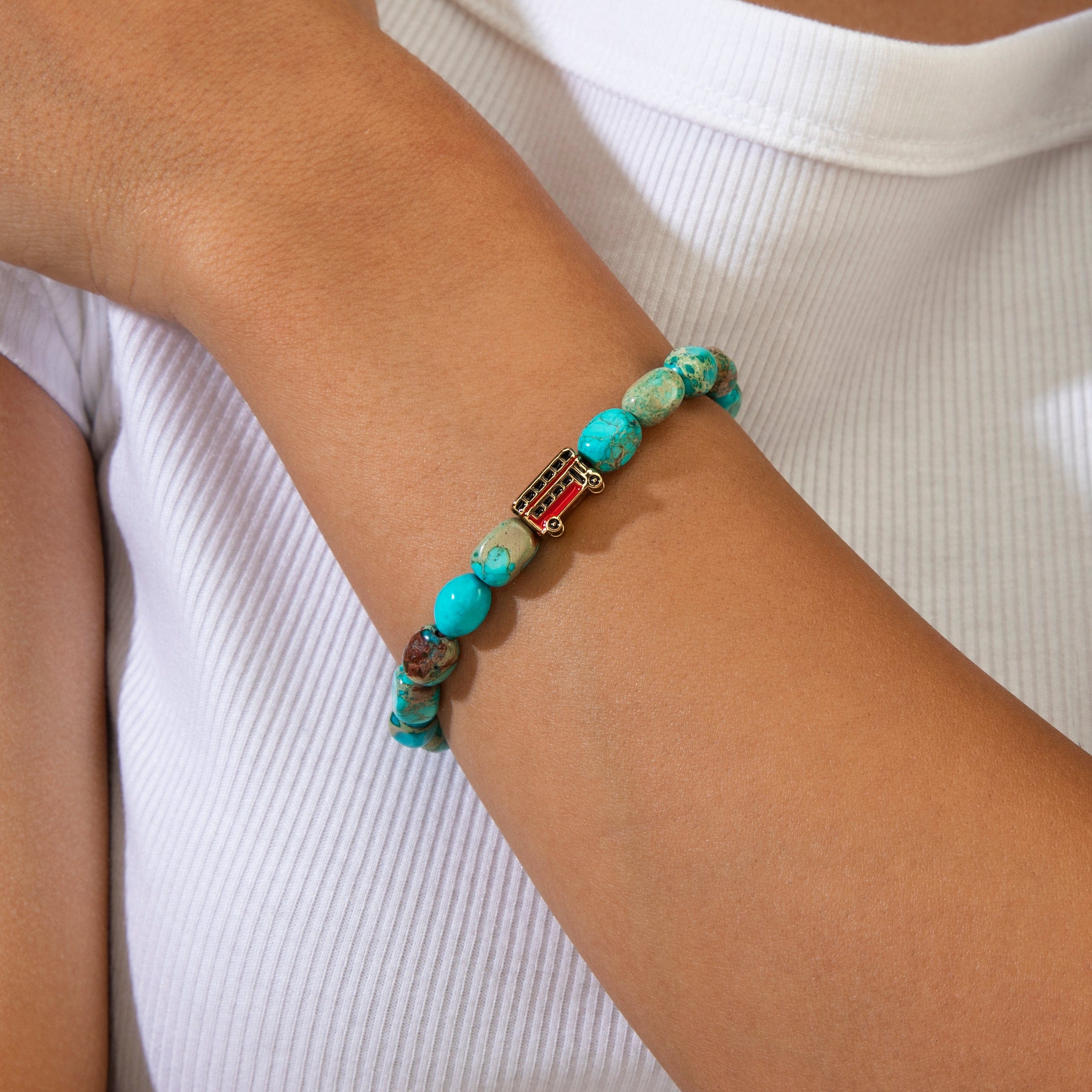 KALIFANO Gemstone Jewelry King Howlite Turquoise Natural Gemstone Stretch Bracelet With London Routemaster Bus Accent Bead