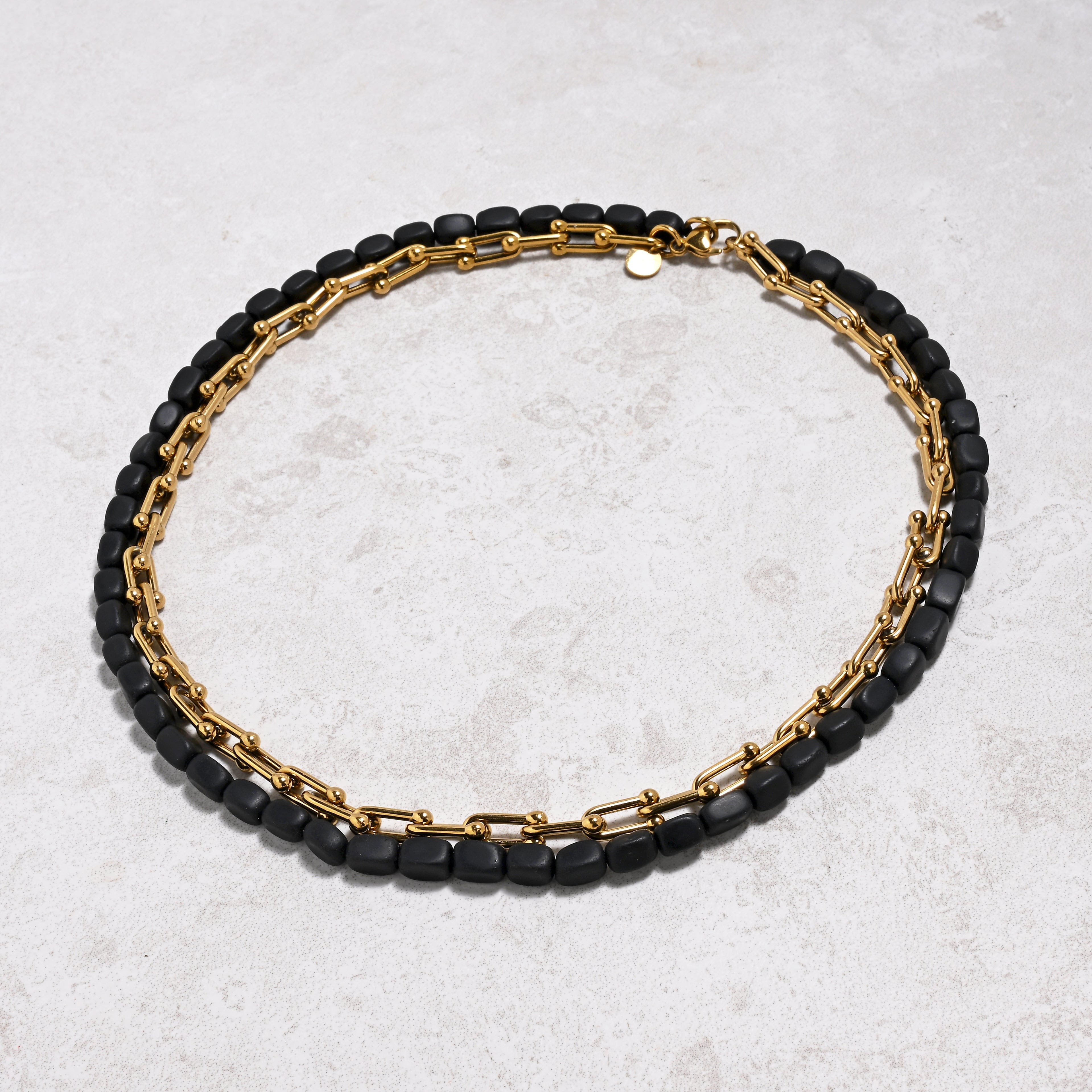 KALIFANO Gemstone Jewelry Matte Black Agate & Gold Hardware Style Chain Adjustable Necklace 2SNG-MBAE