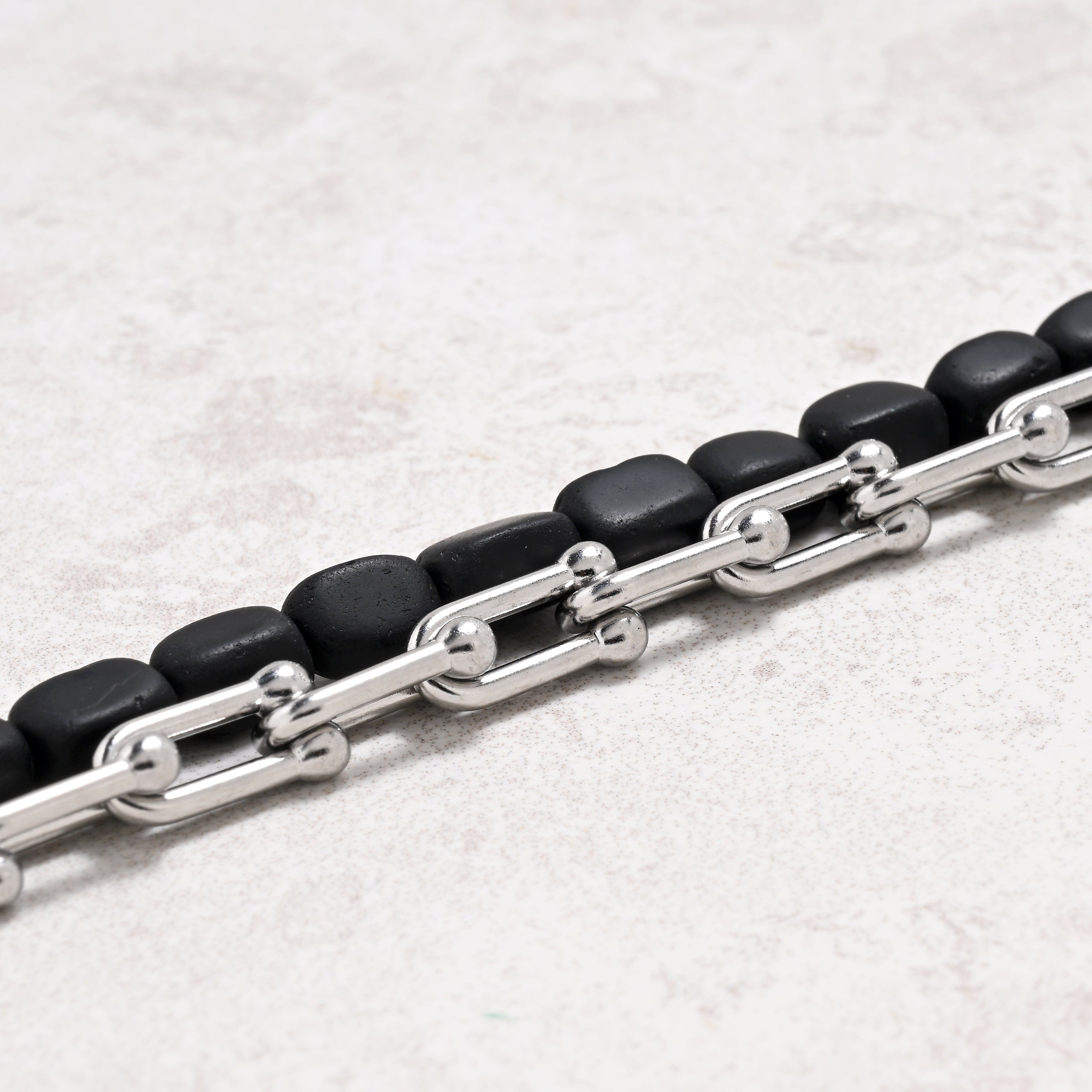 KALIFANO Gemstone Jewelry Matte Black Agate & Hardware Style Stainless Steel Chain Bracelet 2SB-MBAE