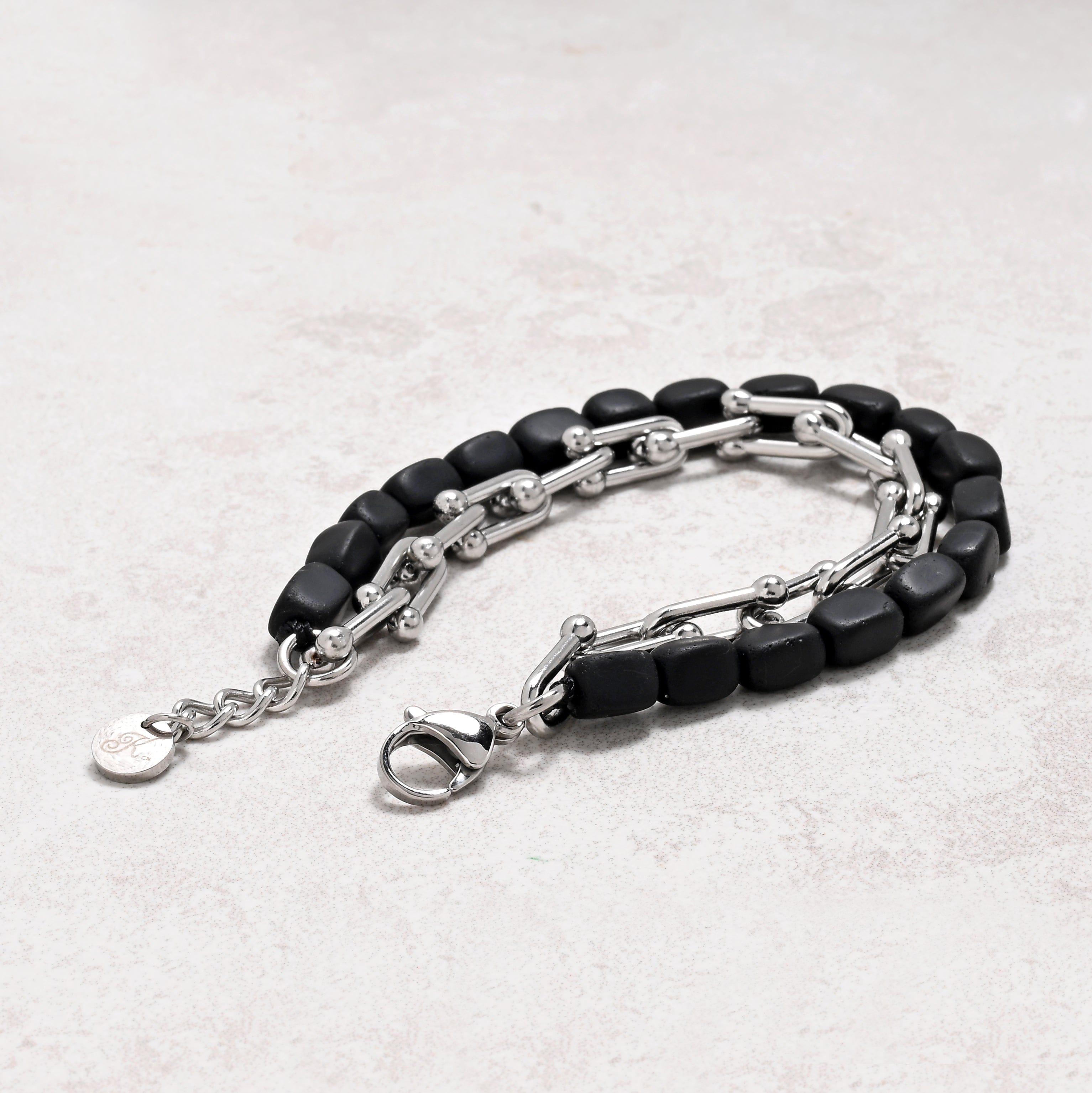 KALIFANO Gemstone Jewelry Matte Black Agate & Hardware Style Stainless Steel Chain Bracelet 2SB-MBAE