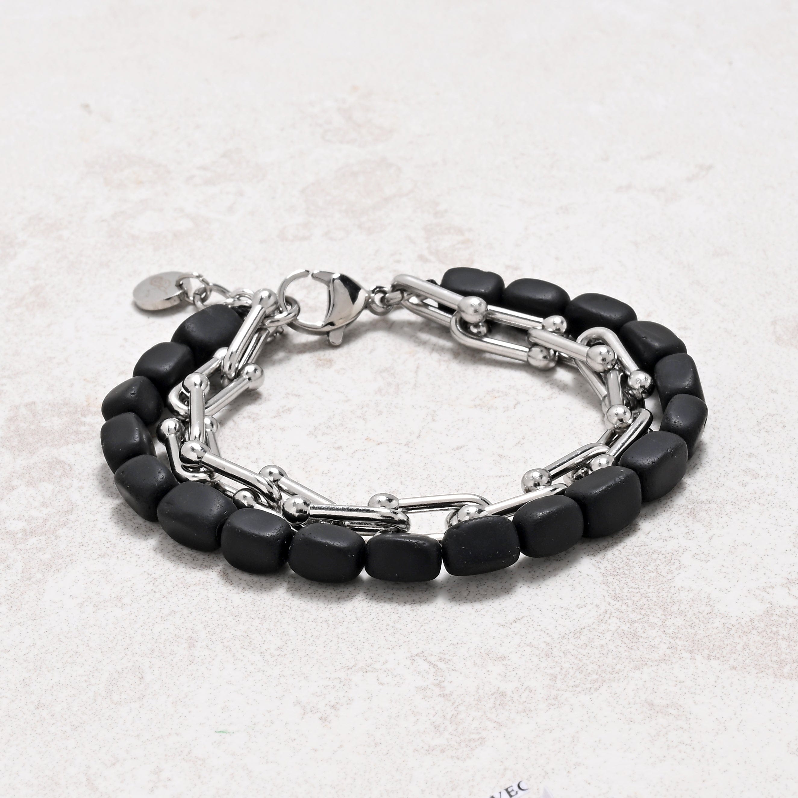 KALIFANO Gemstone Jewelry Matte Black Agate & Hardware Style Stainless Steel Chain Bracelet 2SB-MBAE