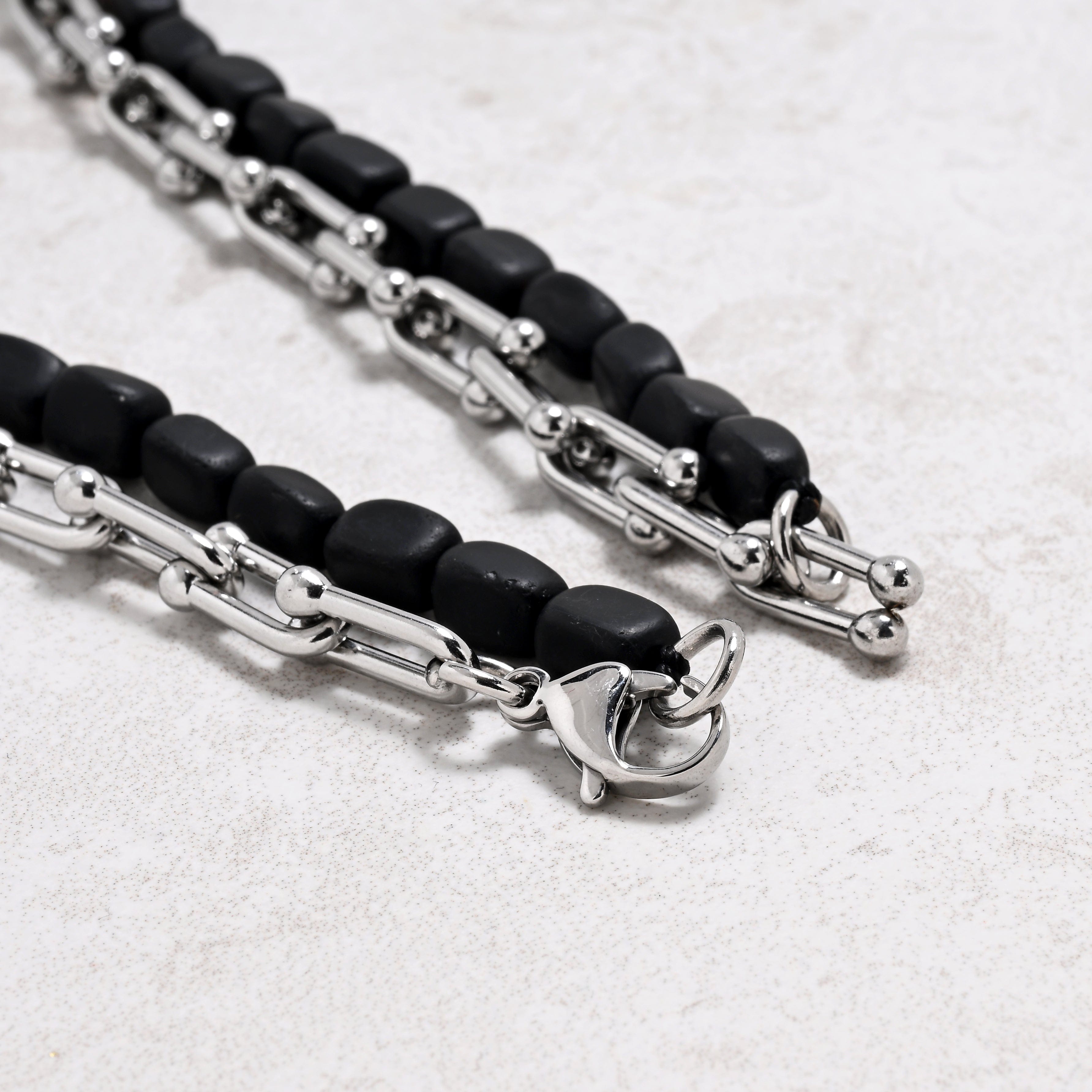 KALIFANO Gemstone Jewelry Matte Black Agate & Silver Hardware Style Chain Adjustable Necklace 2SN-MBAE