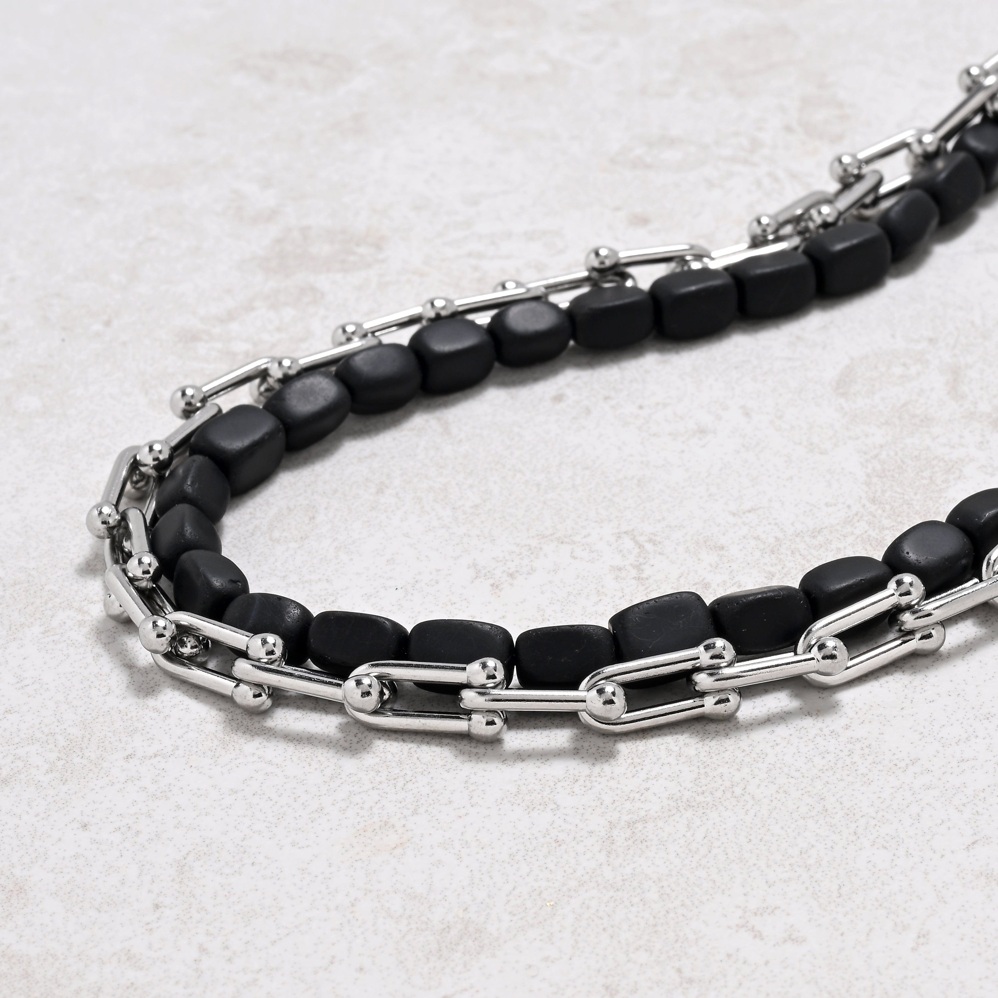 KALIFANO Gemstone Jewelry Matte Black Agate & Silver Hardware Style Chain Adjustable Necklace 2SN-MBAE