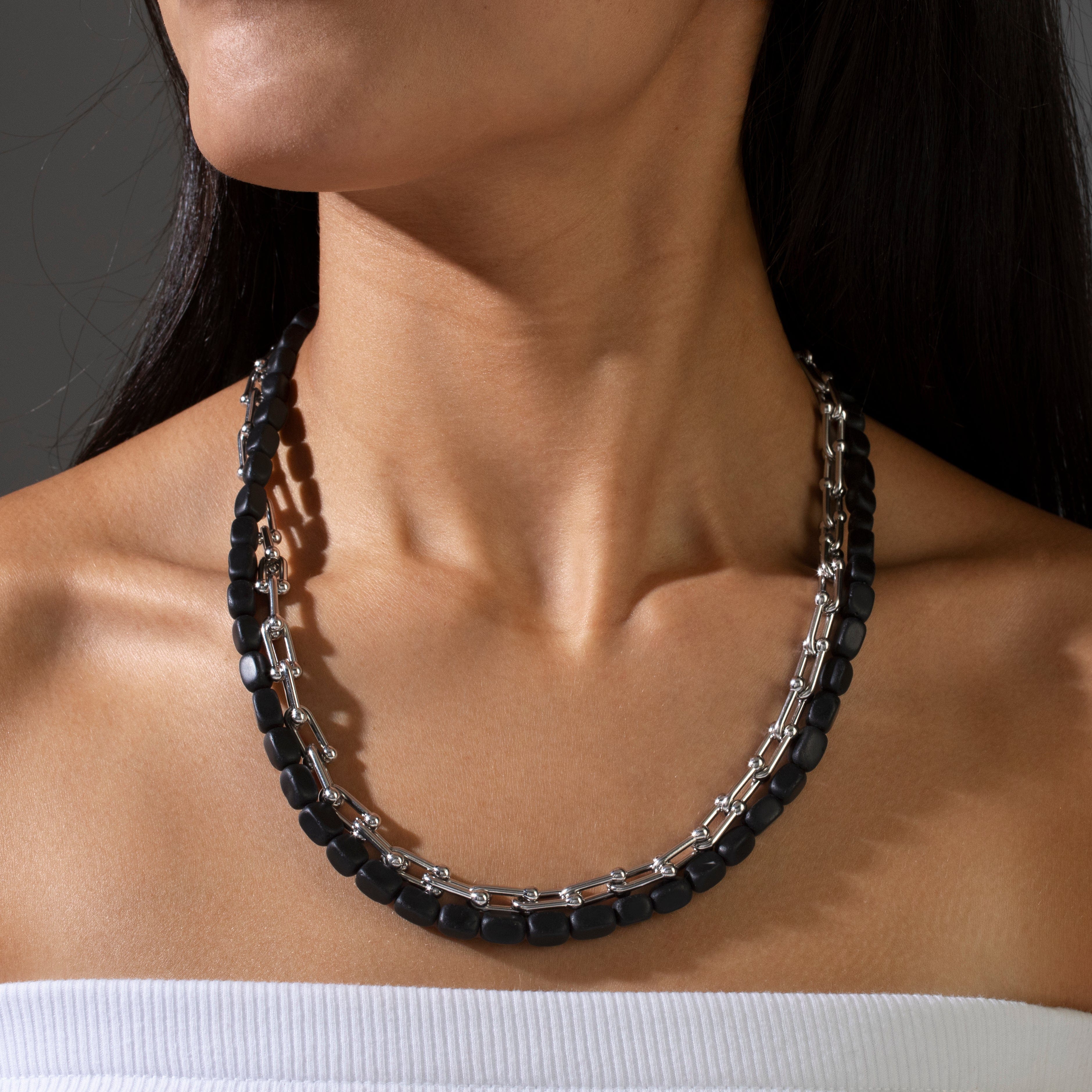 KALIFANO Gemstone Jewelry Matte Black Agate & Silver Hardware Style Chain Adjustable Necklace 2SN-MBAE