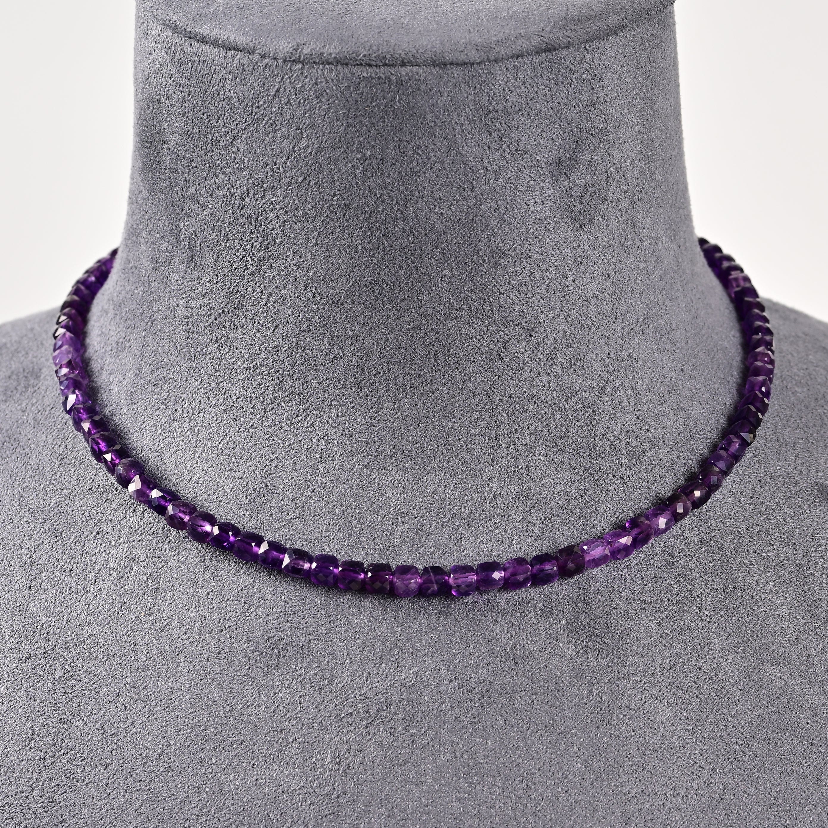 KALIFANO Gemstone Jewelry Natural Amethyst Faceted 4mm Barrel 16in Necklace with Sterling Silver Extender N4-41S-AM