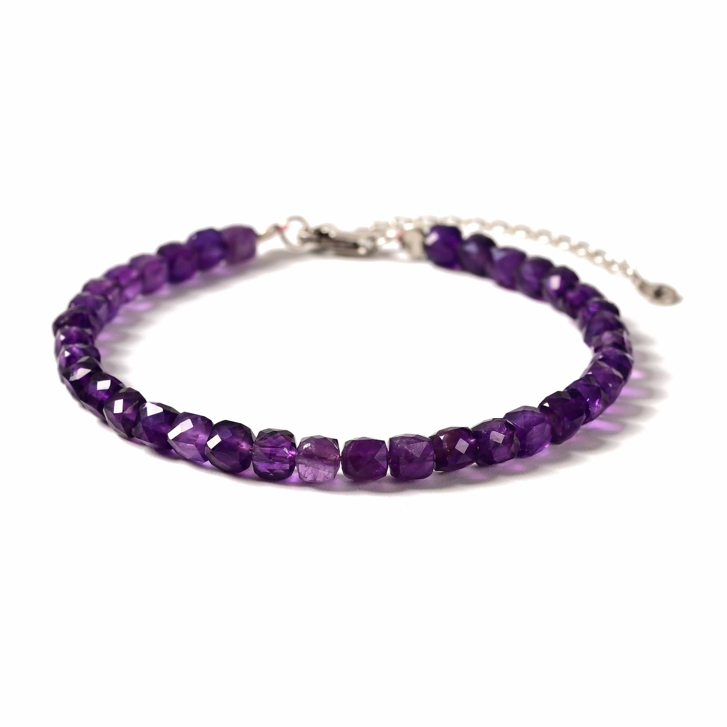 KALIFANO Gemstone Jewelry Natural Amethyst Faceted 4mm Barrel Bracelet with Sterling Silver Extender B4-16S-AM