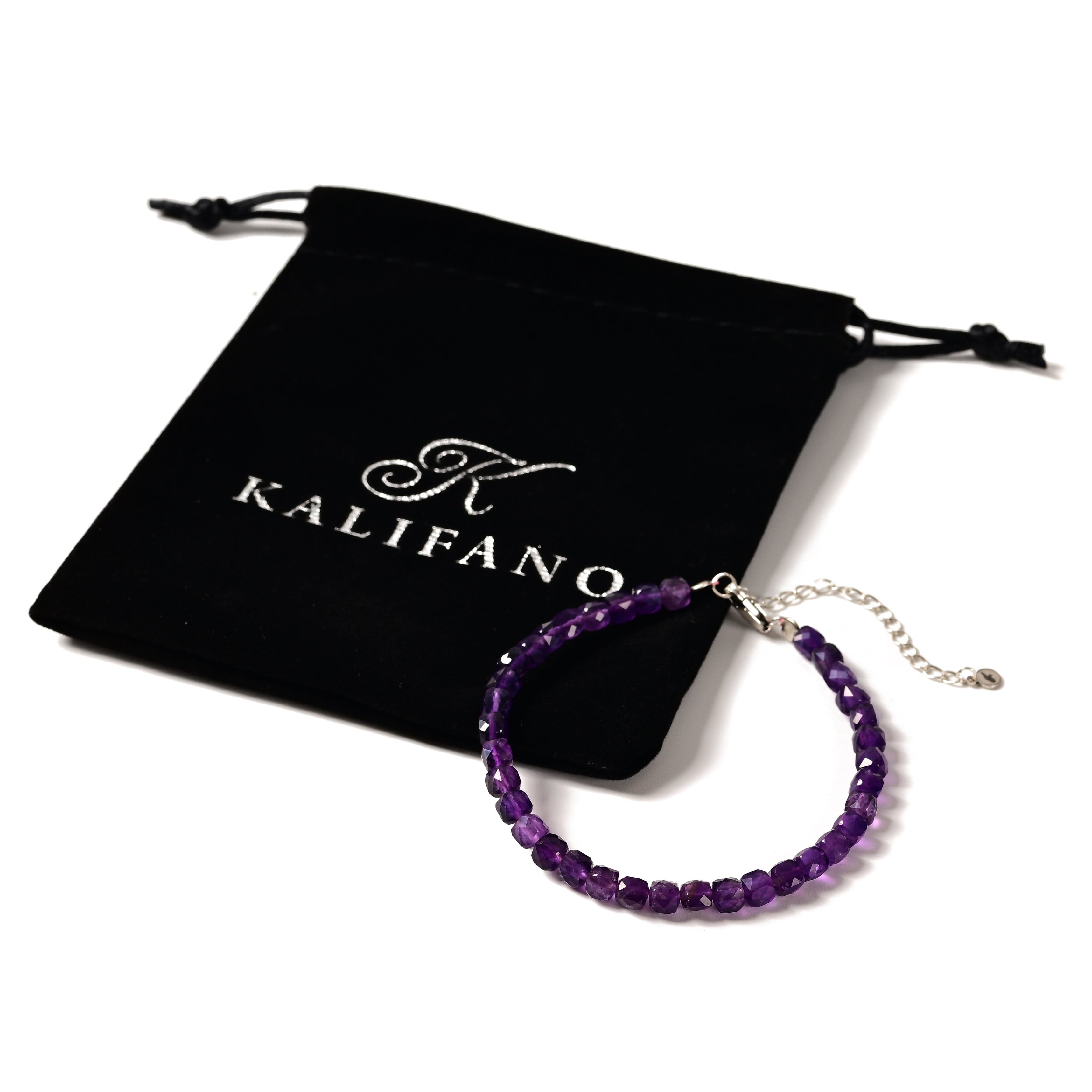 KALIFANO Gemstone Jewelry Natural Amethyst Faceted 4mm Barrel Bracelet with Sterling Silver Extender B4-16S-AM