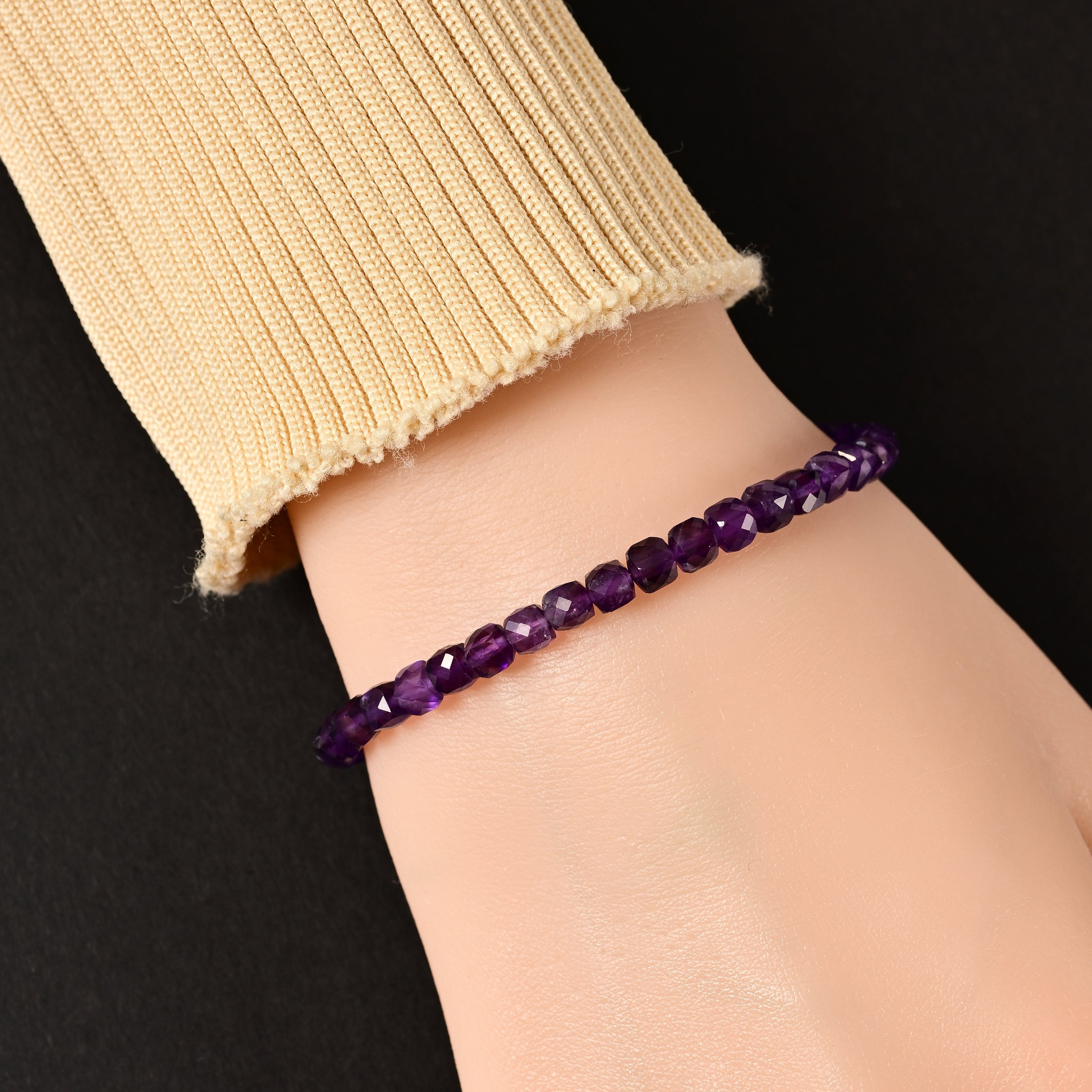 KALIFANO Gemstone Jewelry Natural Amethyst Faceted 4mm Barrel Bracelet with Sterling Silver Extender B4-16S-AM