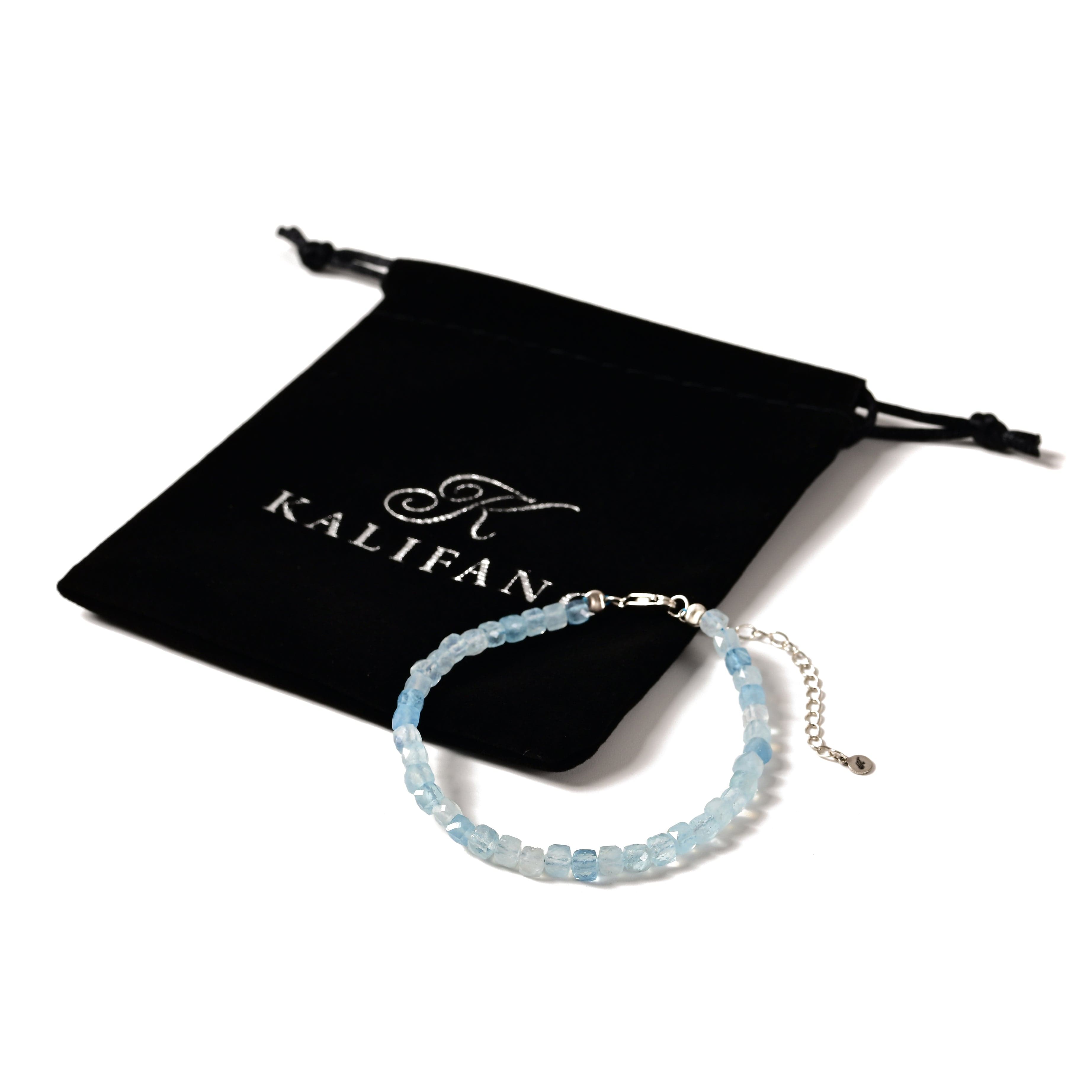 KALIFANO Gemstone Jewelry Natural Aquamarine Faceted 4mm Barrel Bracelet with Sterling Silver Extender B4-16S-AQ