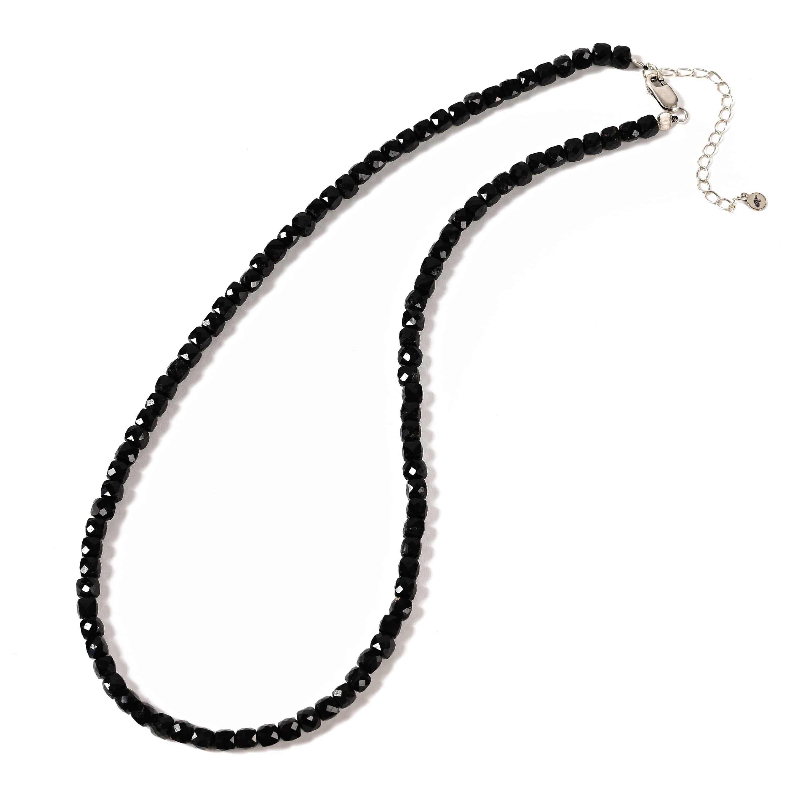 KALIFANO Gemstone Jewelry Natural Black Tourmaline Faceted 4mm Barrel 16in Necklace with Sterling Silver Extender N4-41S-BT