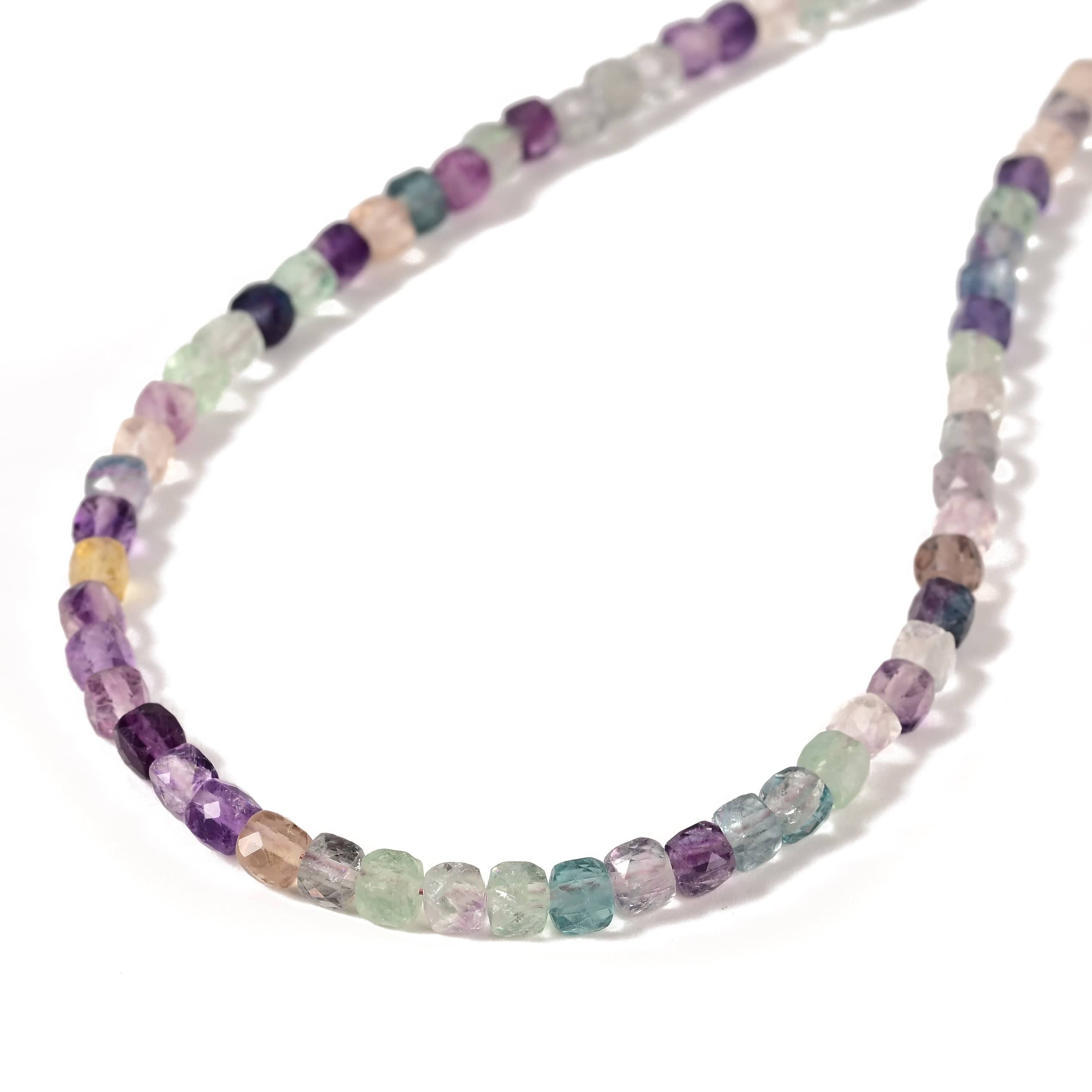 KALIFANO Gemstone Jewelry Natural Fluorite Faceted 4mm Barrel 16in Necklace with Sterling Silver Extender N4-41G-FL