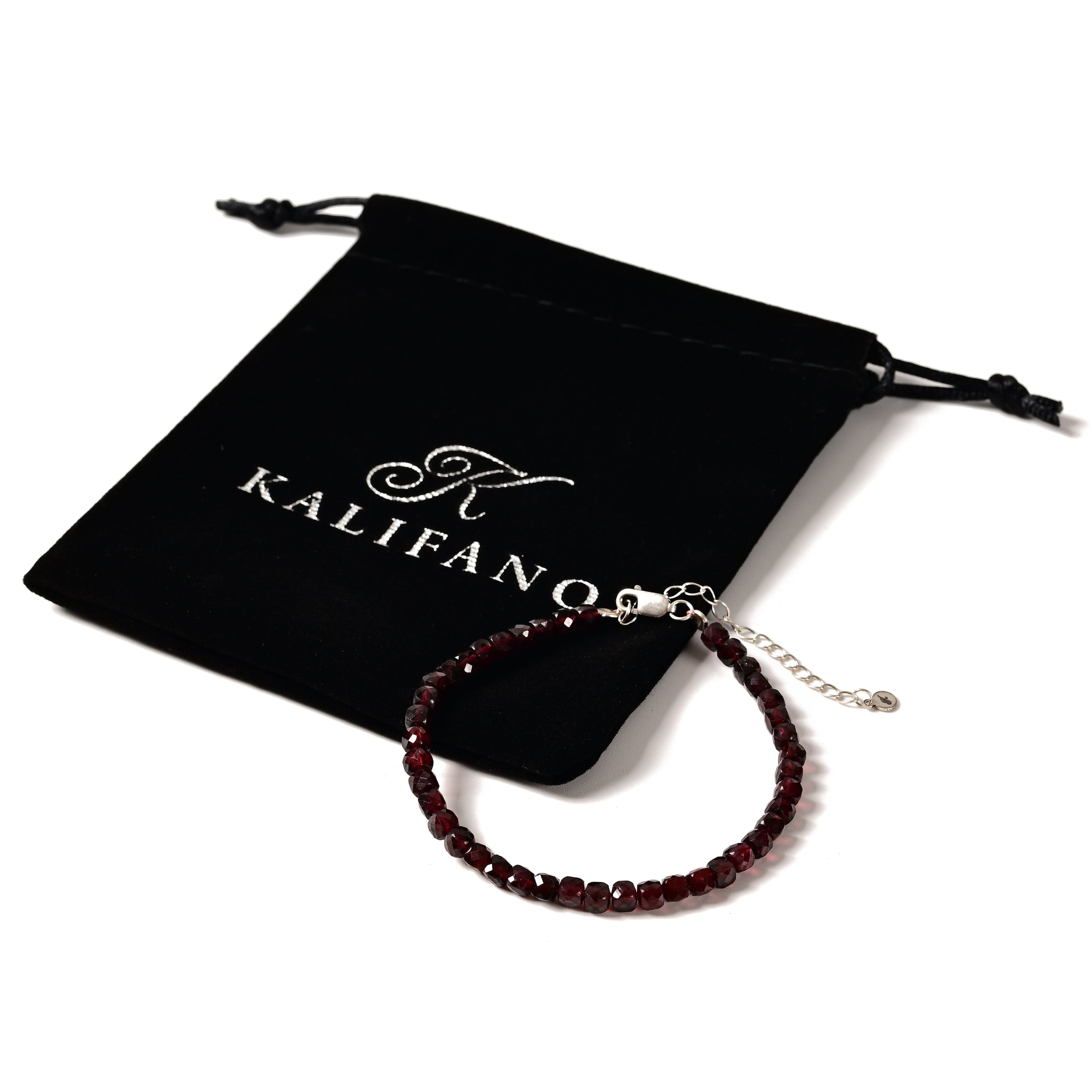 KALIFANO Gemstone Jewelry Natural Garnet Faceted 4mm Barrel Bracelet with Sterling Silver Extender B4-16S-GA