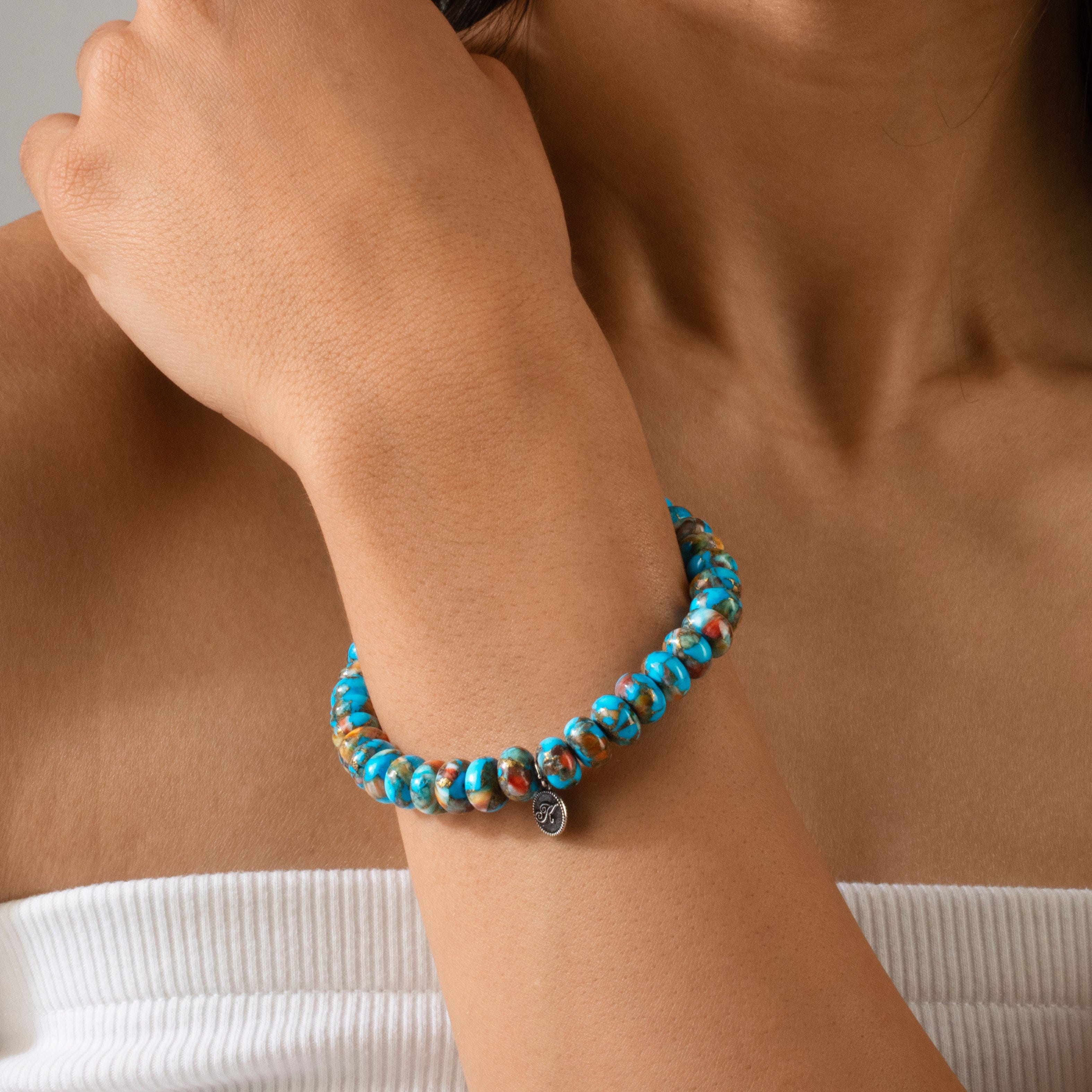 KALIFANO Gemstone Jewelry Natural Howlite Spiny Oyster 5x8mm Gemstone Bracelet