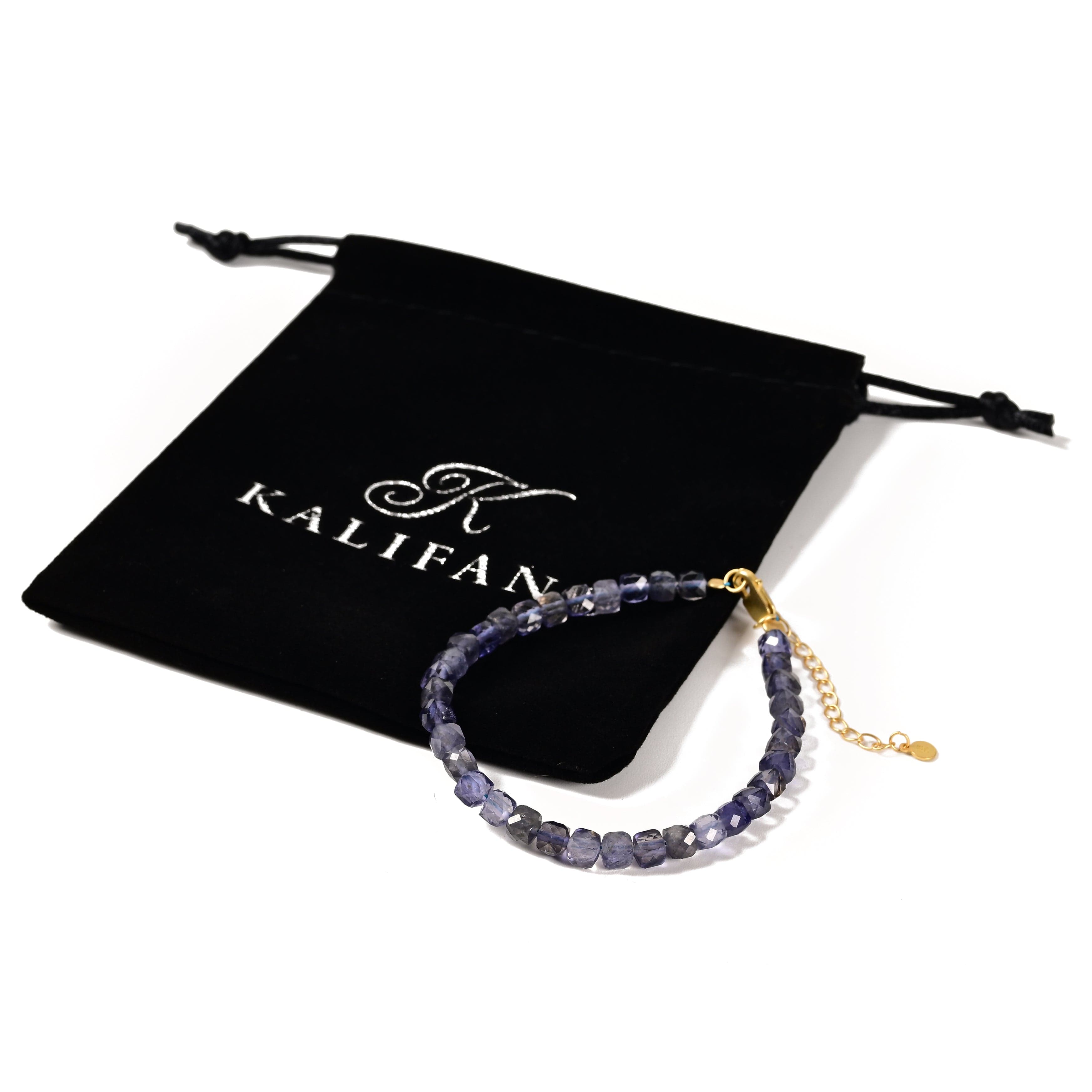 KALIFANO Gemstone Jewelry Natural Iolite Faceted 4mm Barrel Bracelet with Sterling Silver Extender B4-16G-IO