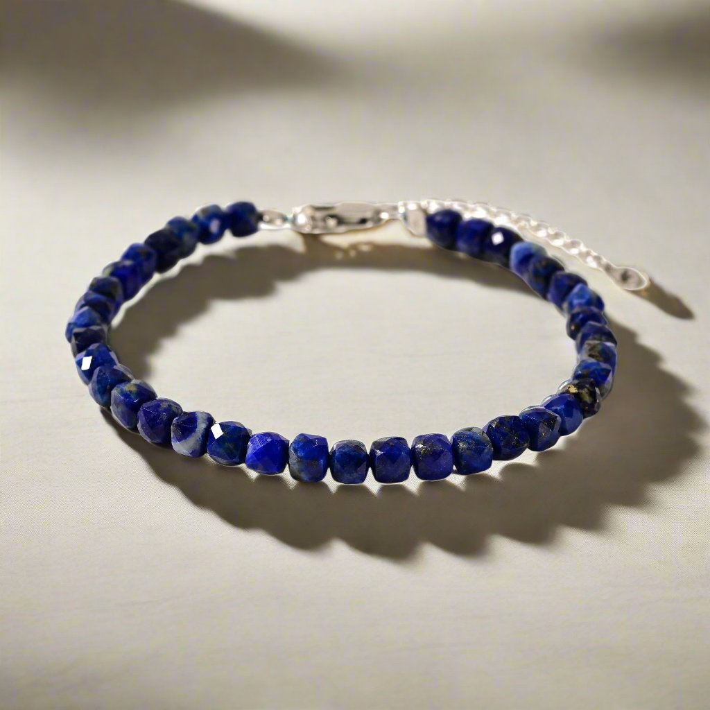 KALIFANO Gemstone Jewelry Natural Lapis Faceted 4mm Barrel Bracelet with Sterling Silver Extender B4-16S-LP