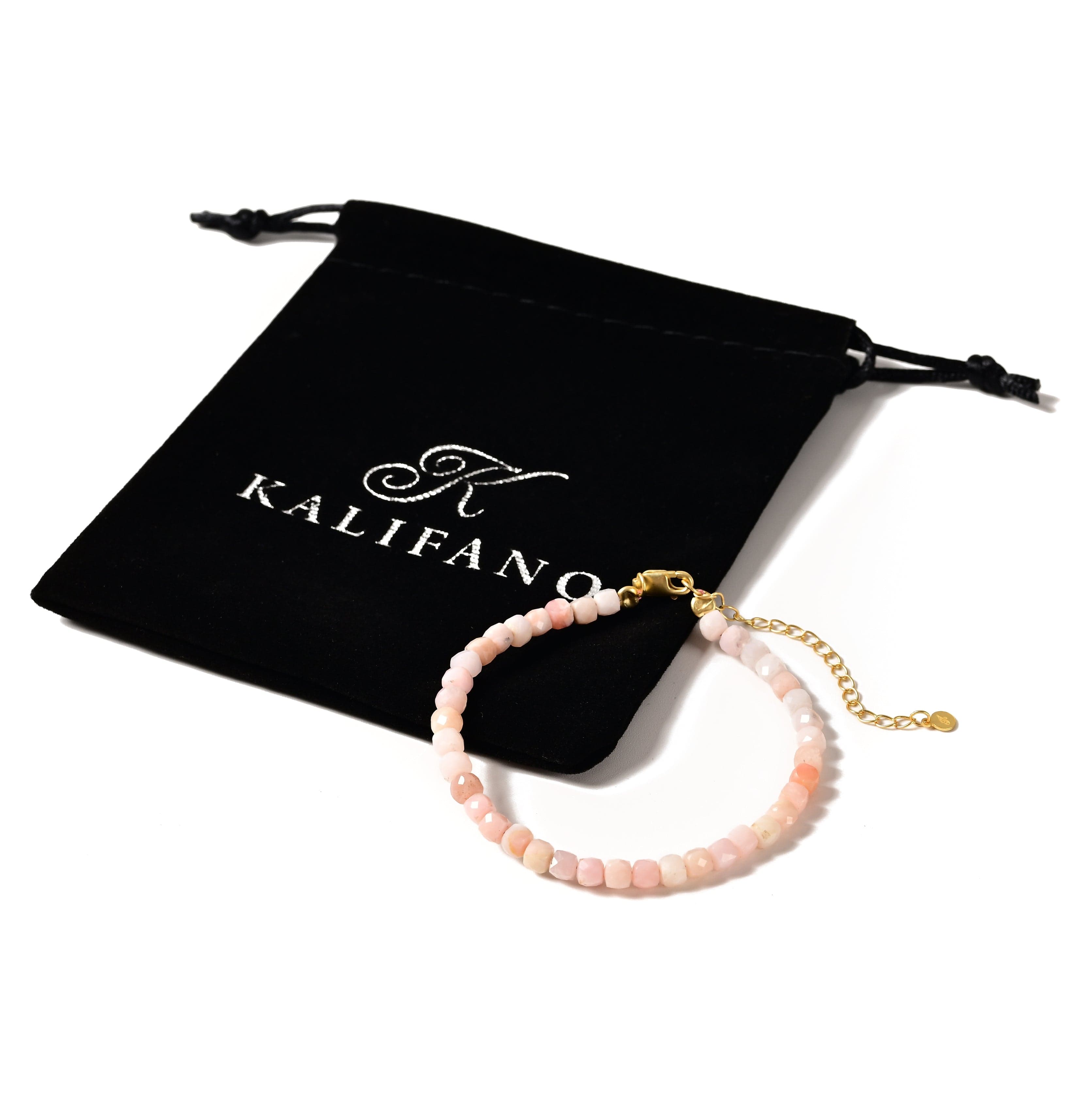 KALIFANO Gemstone Jewelry Natural Pink Opal Faceted 4mm Barrel Bracelet with Sterling Silver Extender B4-16G-PO