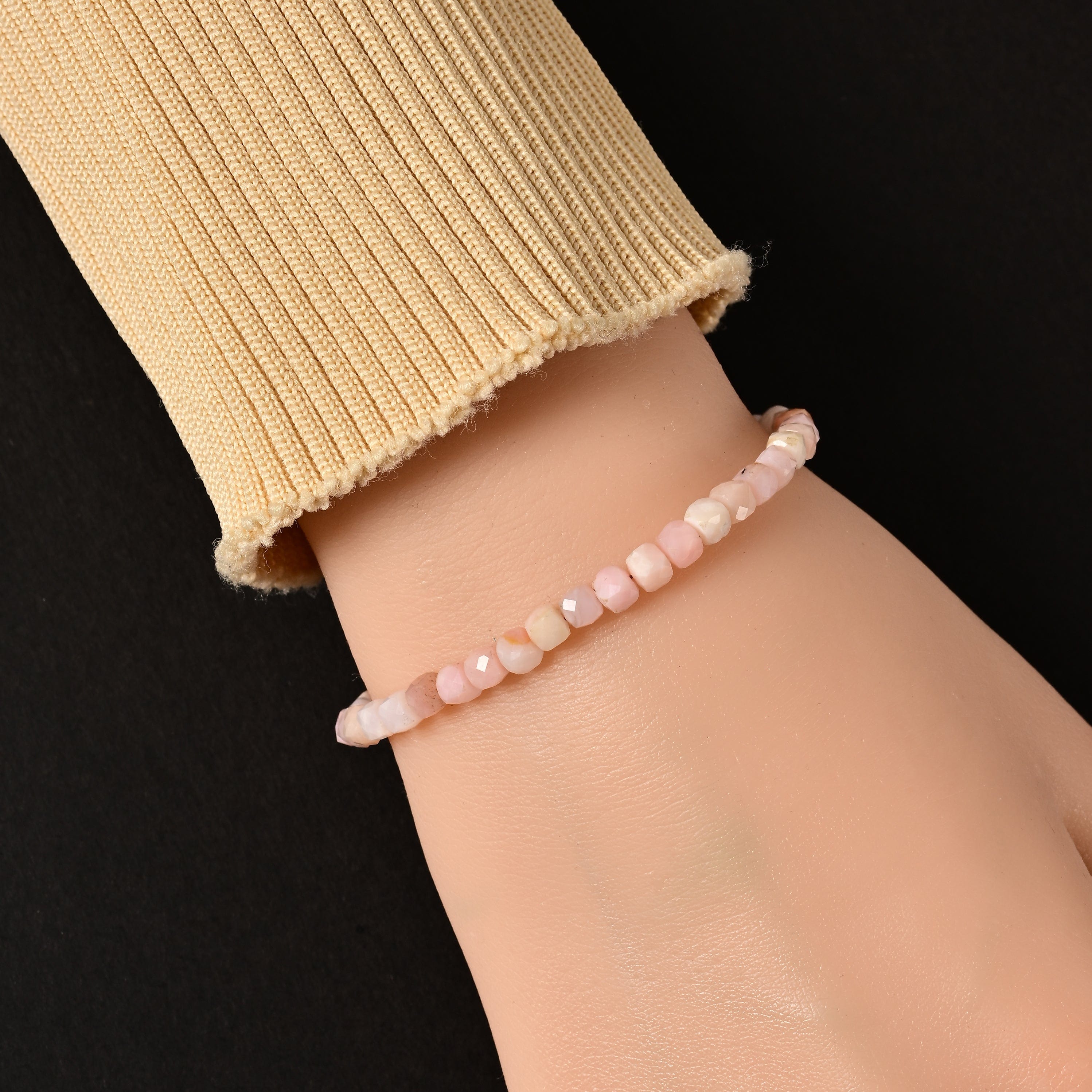 KALIFANO Gemstone Jewelry Natural Pink Opal Faceted 4mm Barrel Bracelet with Sterling Silver Extender B4-16G-PO