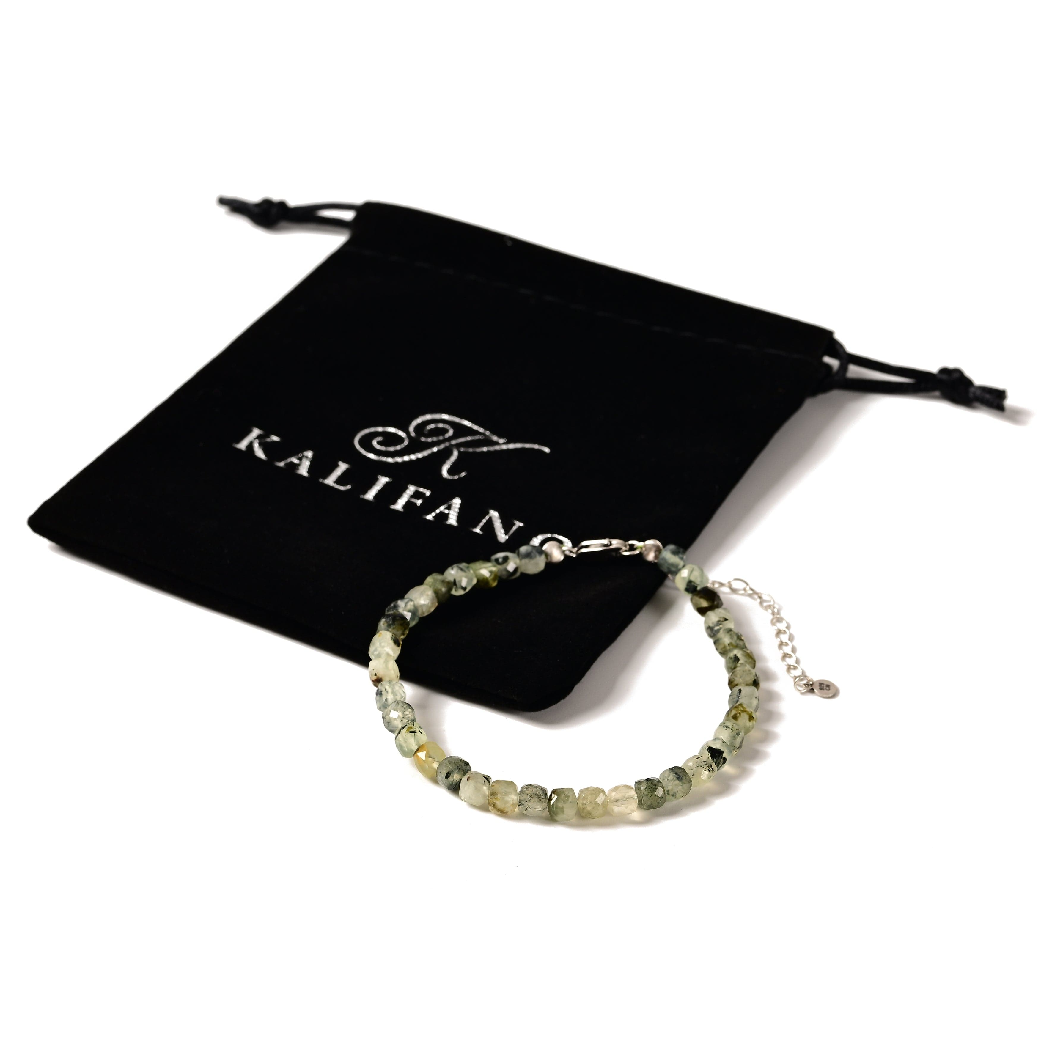 KALIFANO Gemstone Jewelry Natural Prehnite Faceted 4mm Barrel Bracelet with Sterling Silver Extender B4-16S-PT