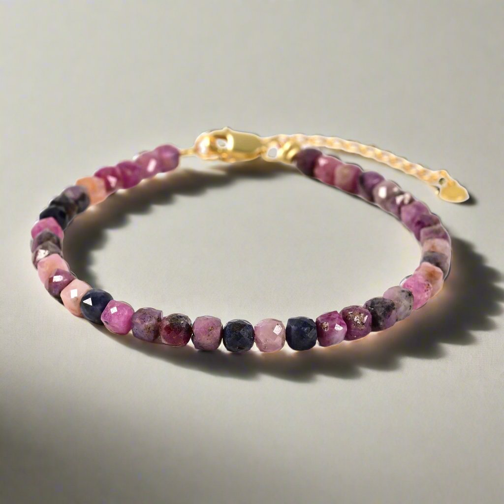 KALIFANO Gemstone Jewelry Natural Ruby Sapphire Faceted 4mm Barrel Bracelet with Sterling Silver Extender B4-16G-RB