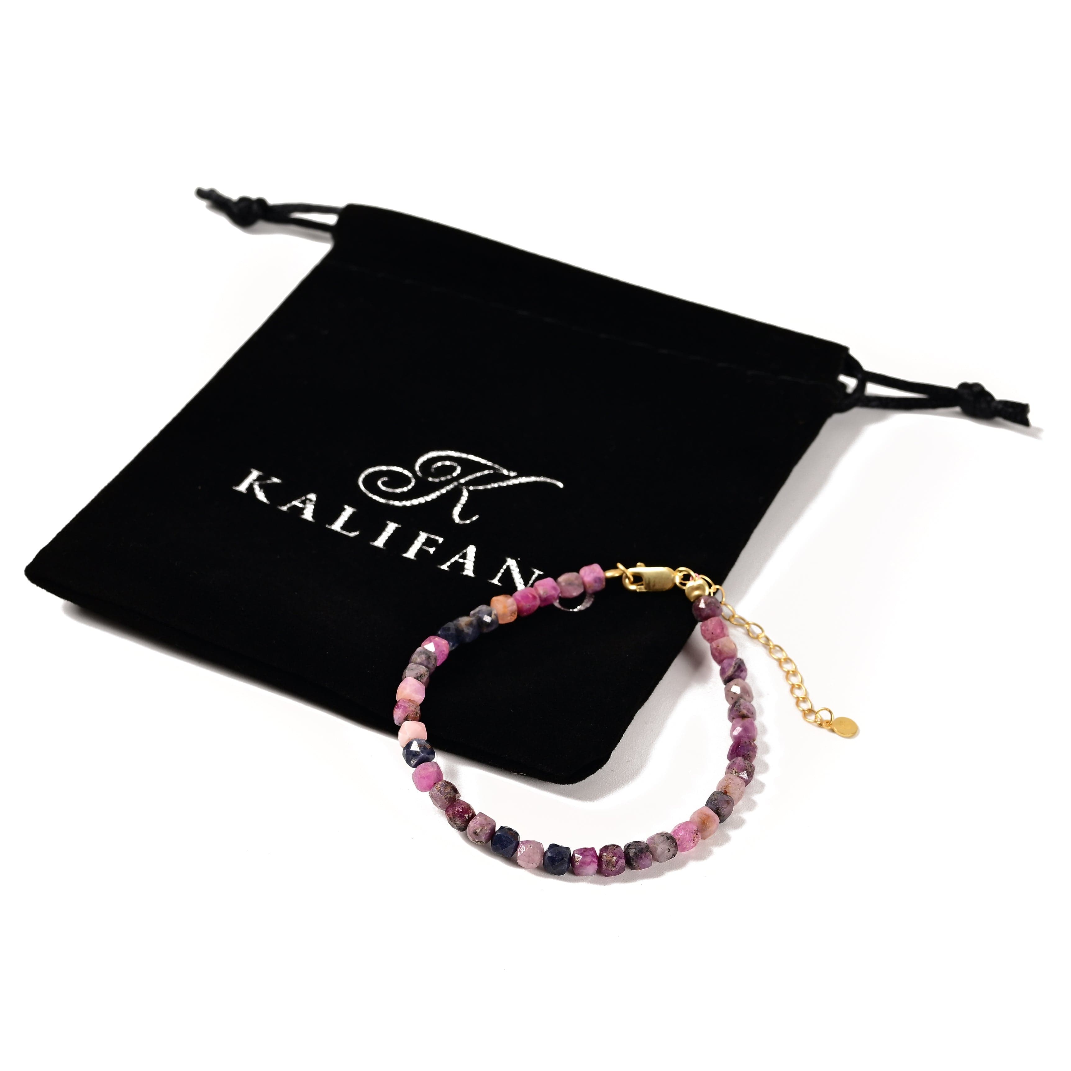 KALIFANO Gemstone Jewelry Natural Ruby Sapphire Faceted 4mm Barrel Bracelet with Sterling Silver Extender B4-16G-RB