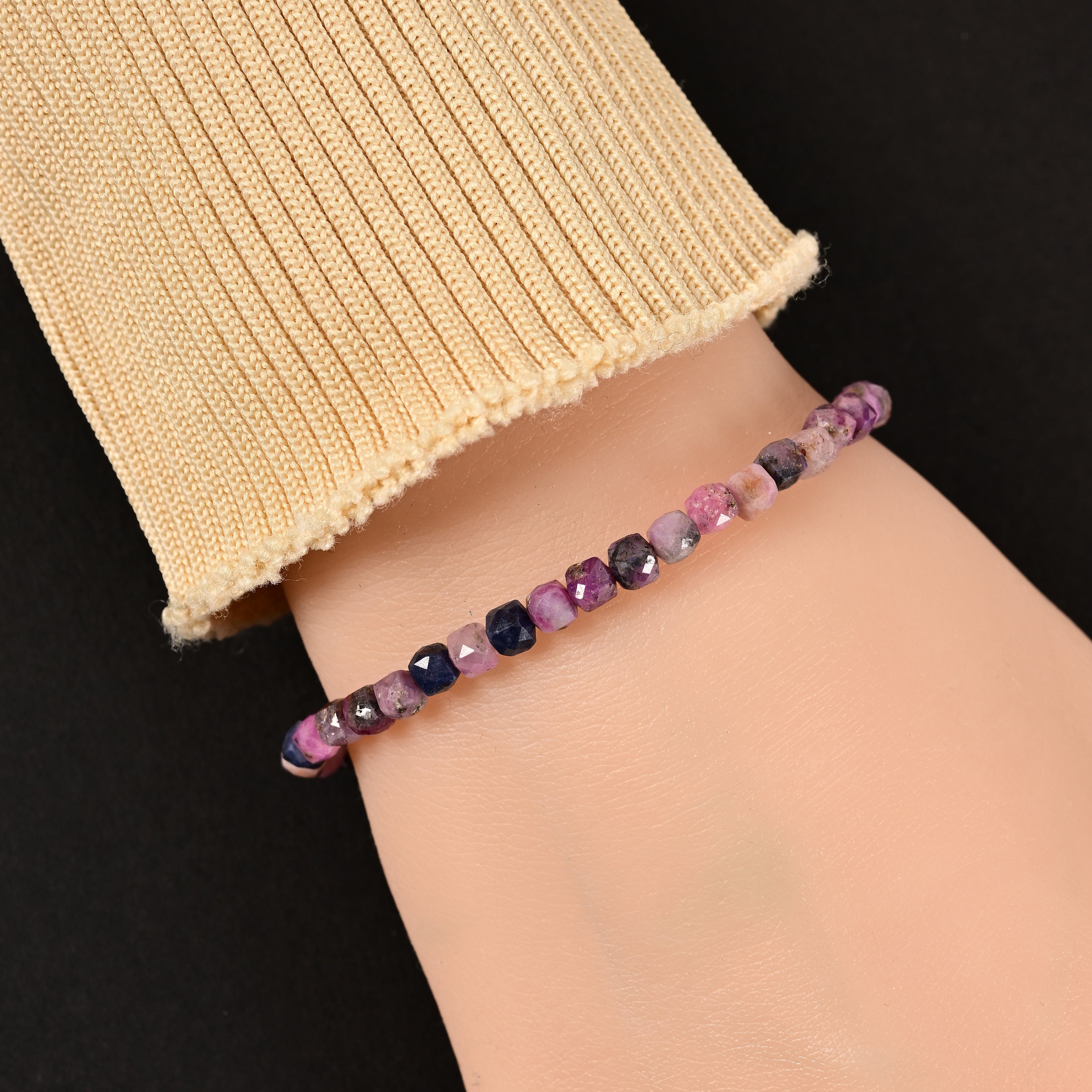 KALIFANO Gemstone Jewelry Natural Ruby Sapphire Faceted 4mm Barrel Bracelet with Sterling Silver Extender B4-16G-RB