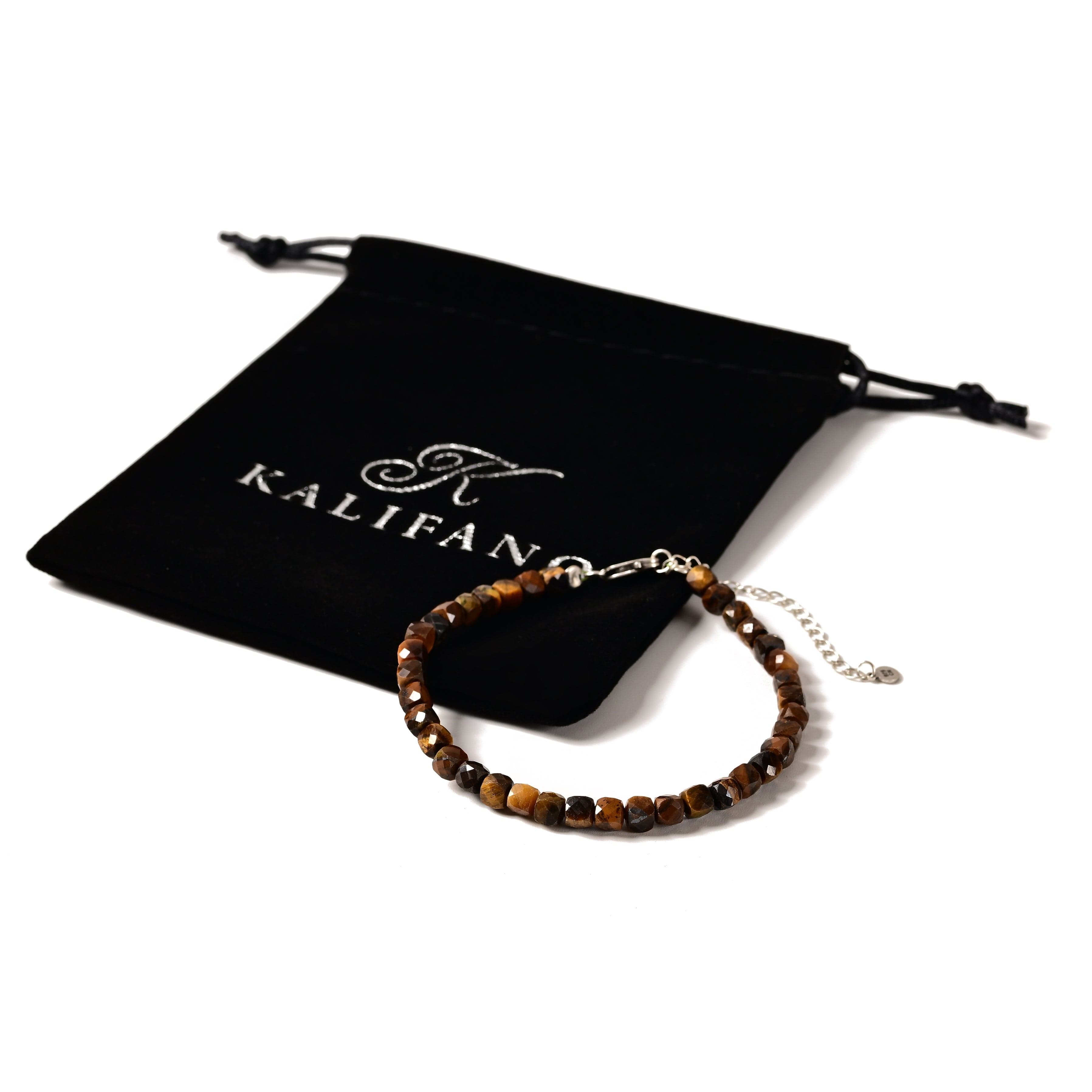 KALIFANO Gemstone Jewelry Natural Tiger Eye Faceted 4mm Barrel Bracelet with Sterling Silver Extender B4-16S-TE