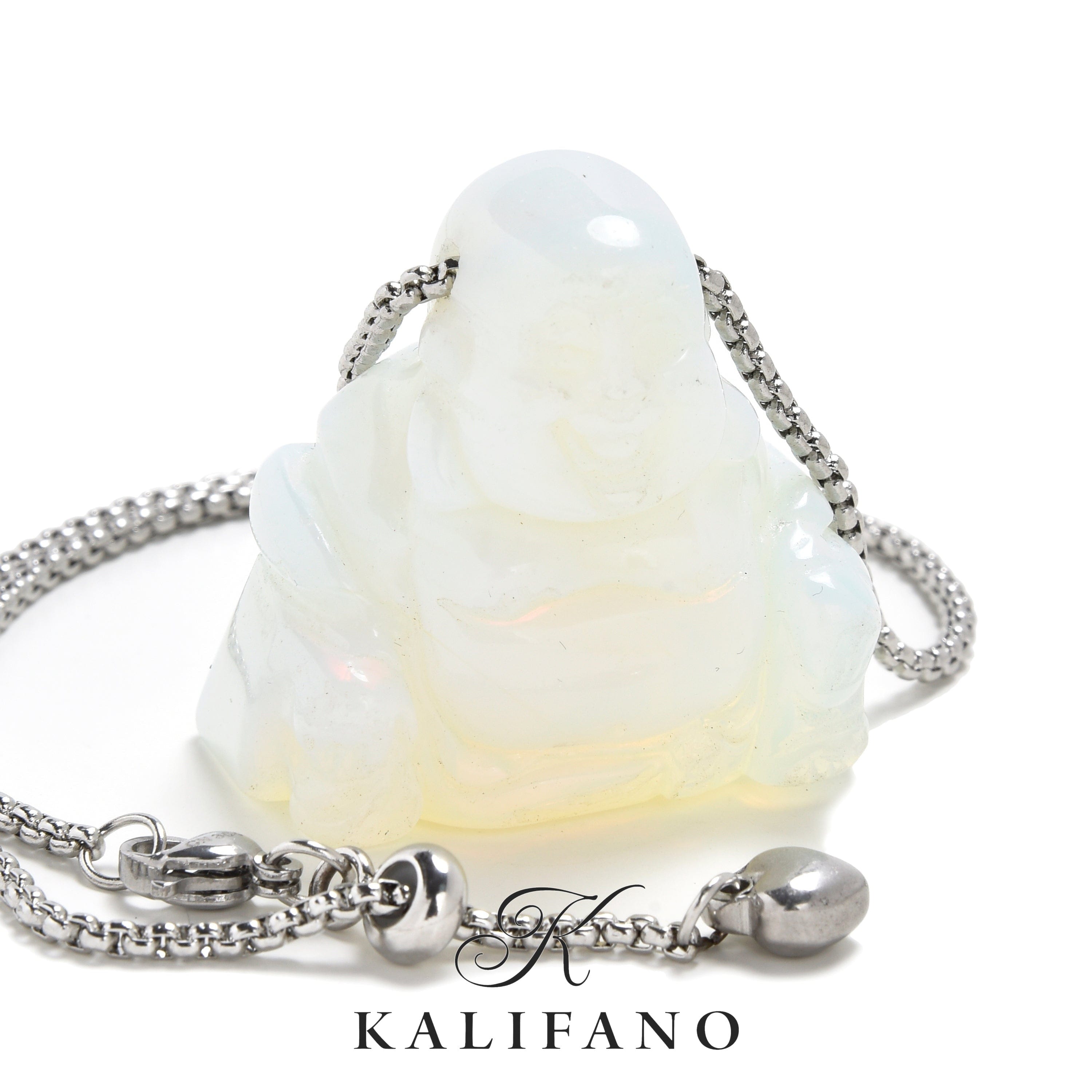 KALIFANO Gemstone Jewelry Opalite Moonstone Buddha Carving on Stainless Steel 30" Adjustable Bolo Chain NSCV15-B-MS