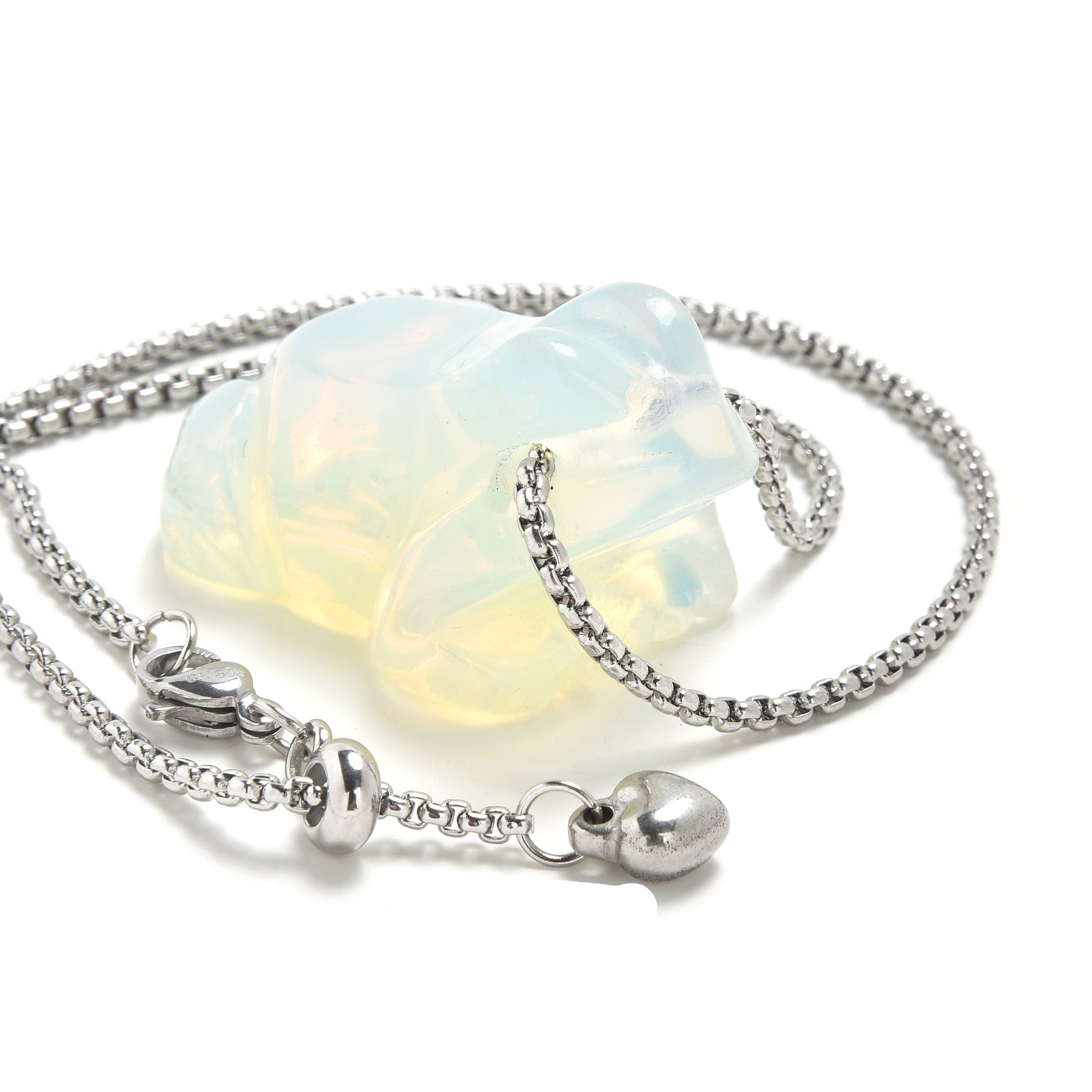 KALIFANO Gemstone Jewelry Opalite Moonstone Frog Carving on Stainless Steel 30" Adjustable Bolo Chain NSCV9-F-MS