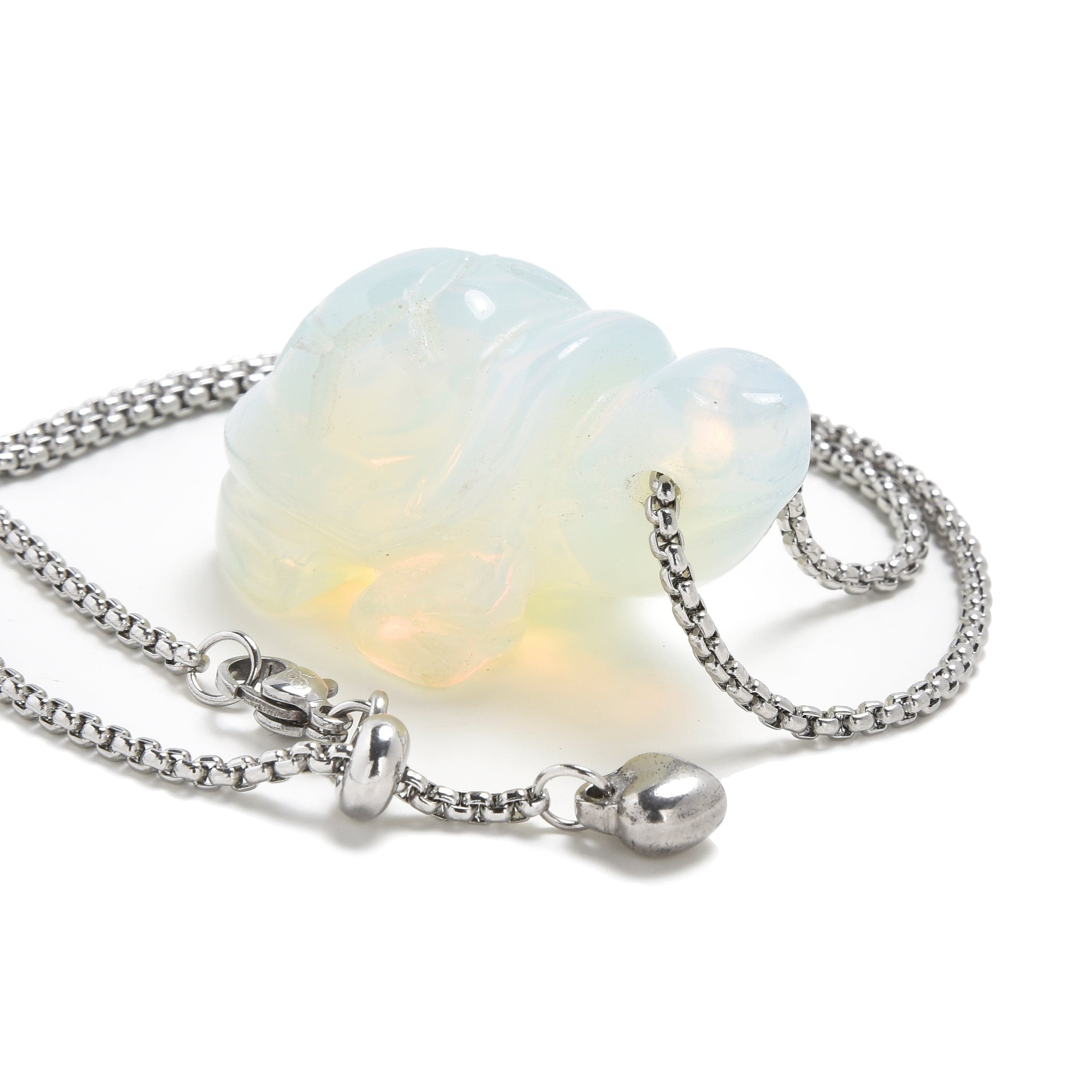 KALIFANO Gemstone Jewelry Opalite Moonstone Turtle Carving on Stainless Steel 30" Adjustable Bolo Chain NSCV13-T-MS