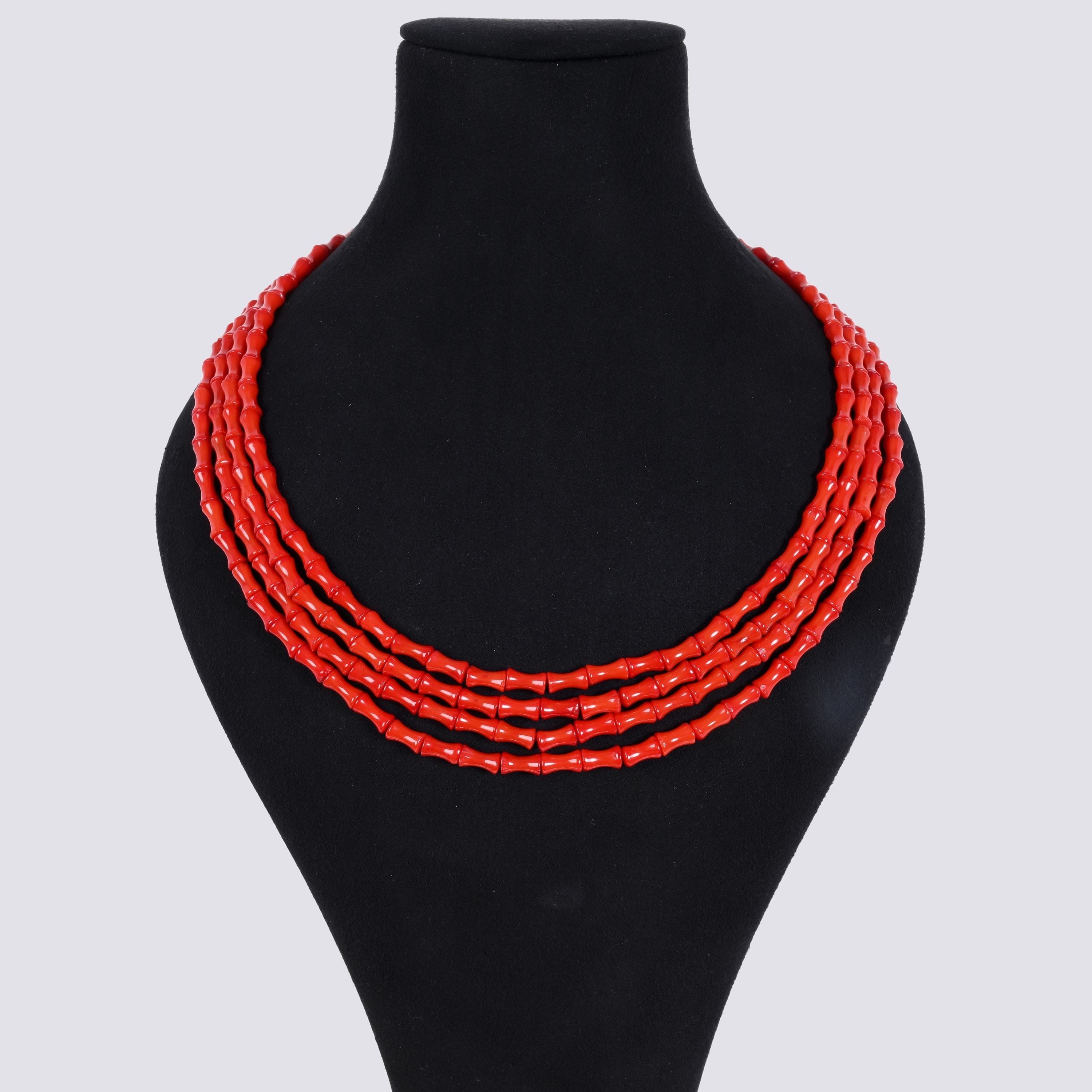 Kalifano Gemstone Jewelry Red Coral 5x8mm Bamboo Gemstone Necklace with Sterling Silver Clasp - 20" 8GN-RC