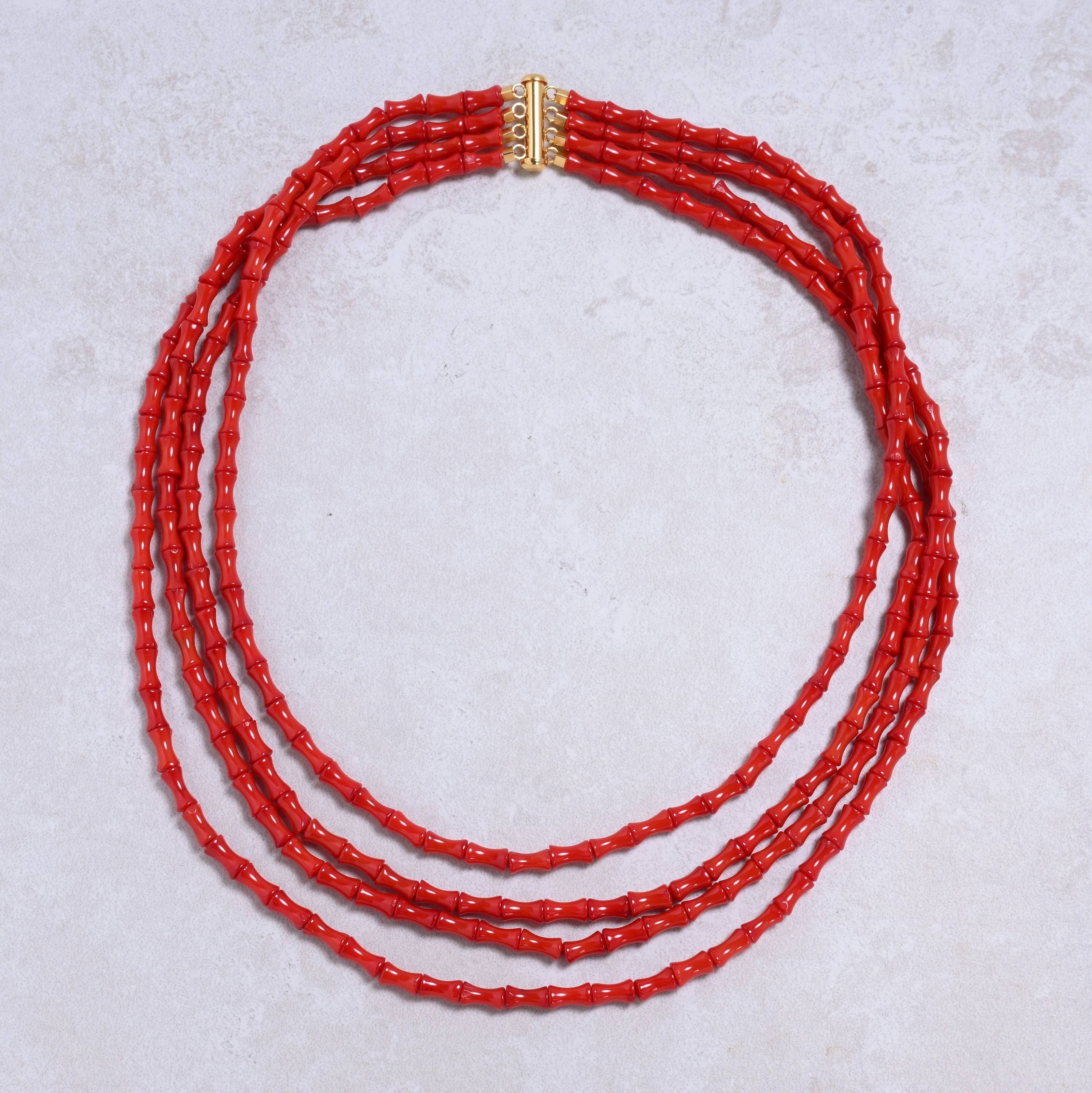 Kalifano Gemstone Jewelry Red Coral 5x8mm Bamboo Gemstone Necklace with Sterling Silver Clasp - 20" 8GN-RC