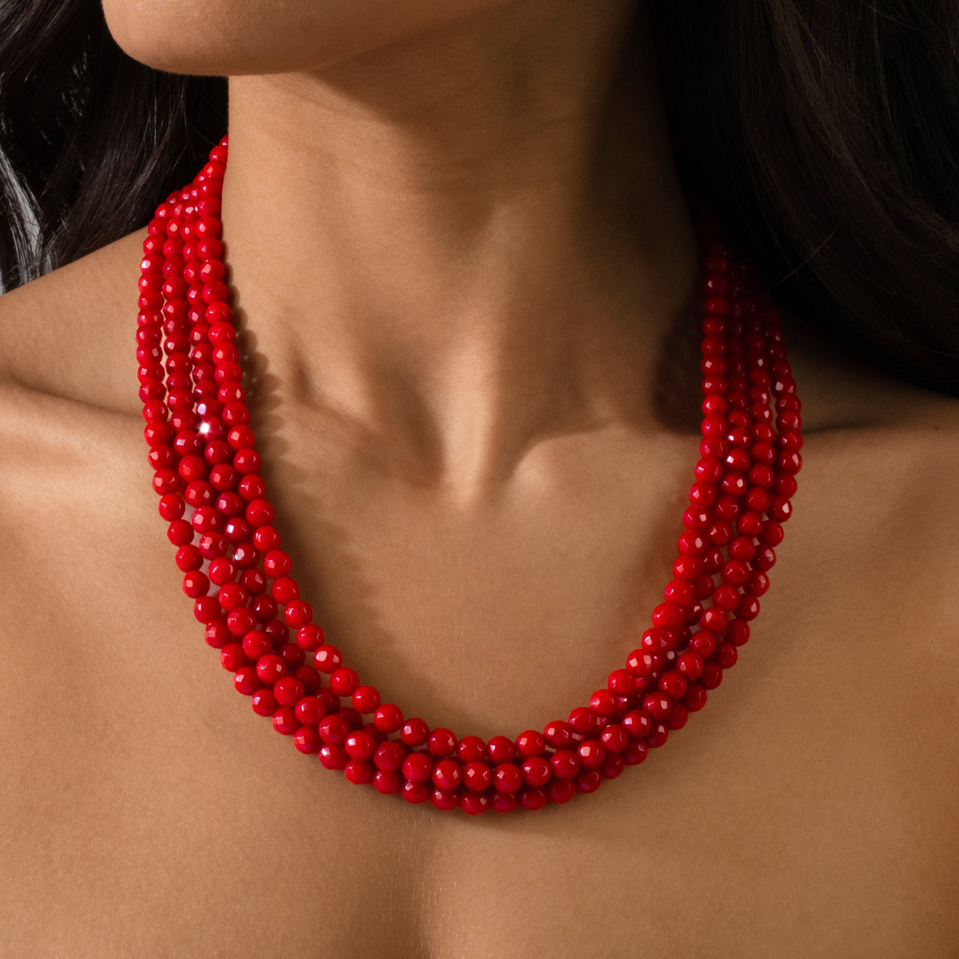 Kalifano Gemstone Jewelry Red Coral 6mm Round Gemstone Necklace with Sterling Silver Clasp - 20" 8SN-RC