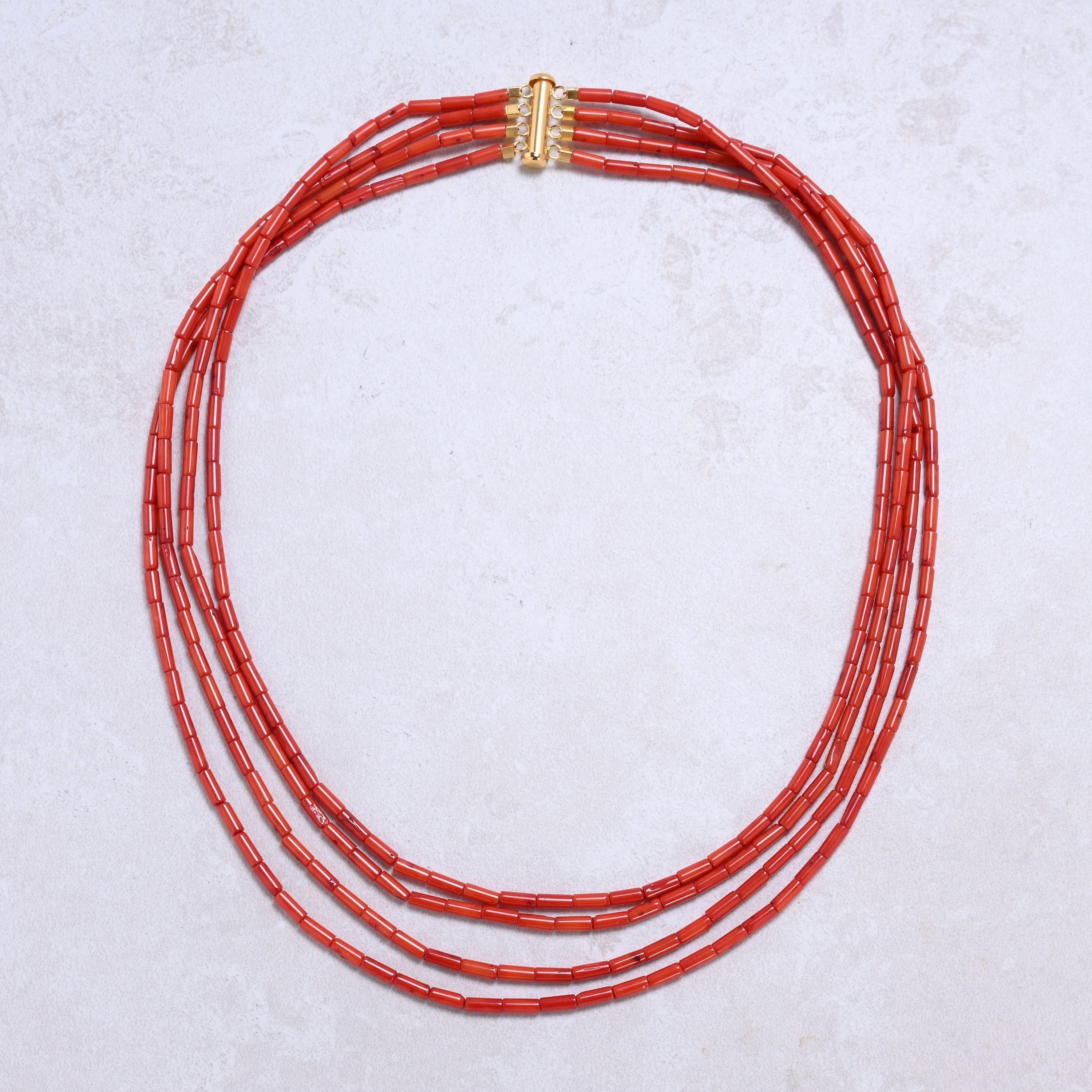 Kalifano Gemstone Jewelry Red Coral 7x3mm Pipe Gemstone Necklace with Sterling Silver Clasp - 20" 8GN-RC2