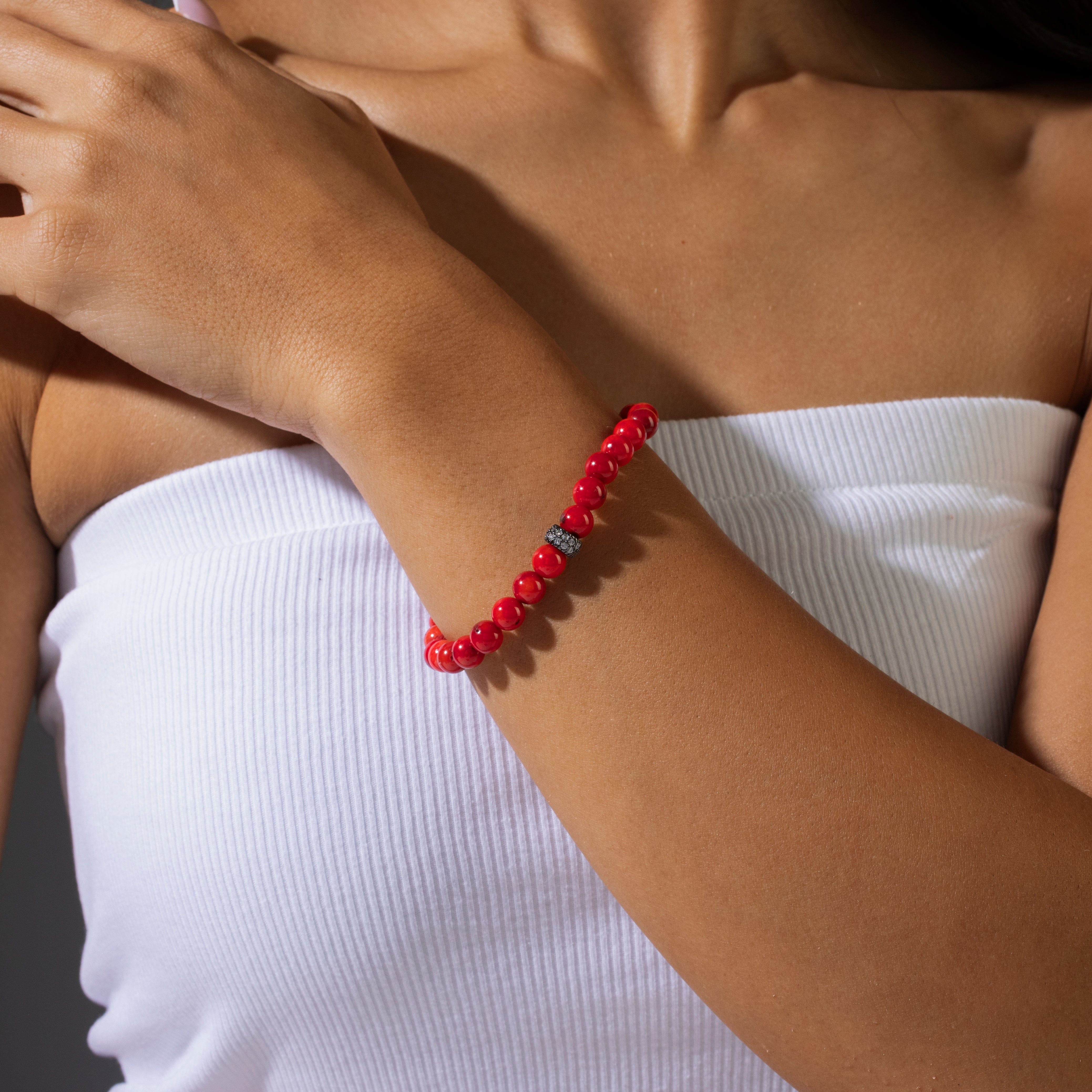 KALIFANO Gemstone Jewelry Red Coral 8mm Natural Gemstone Stretch Bracelet with CZ Accent Bead