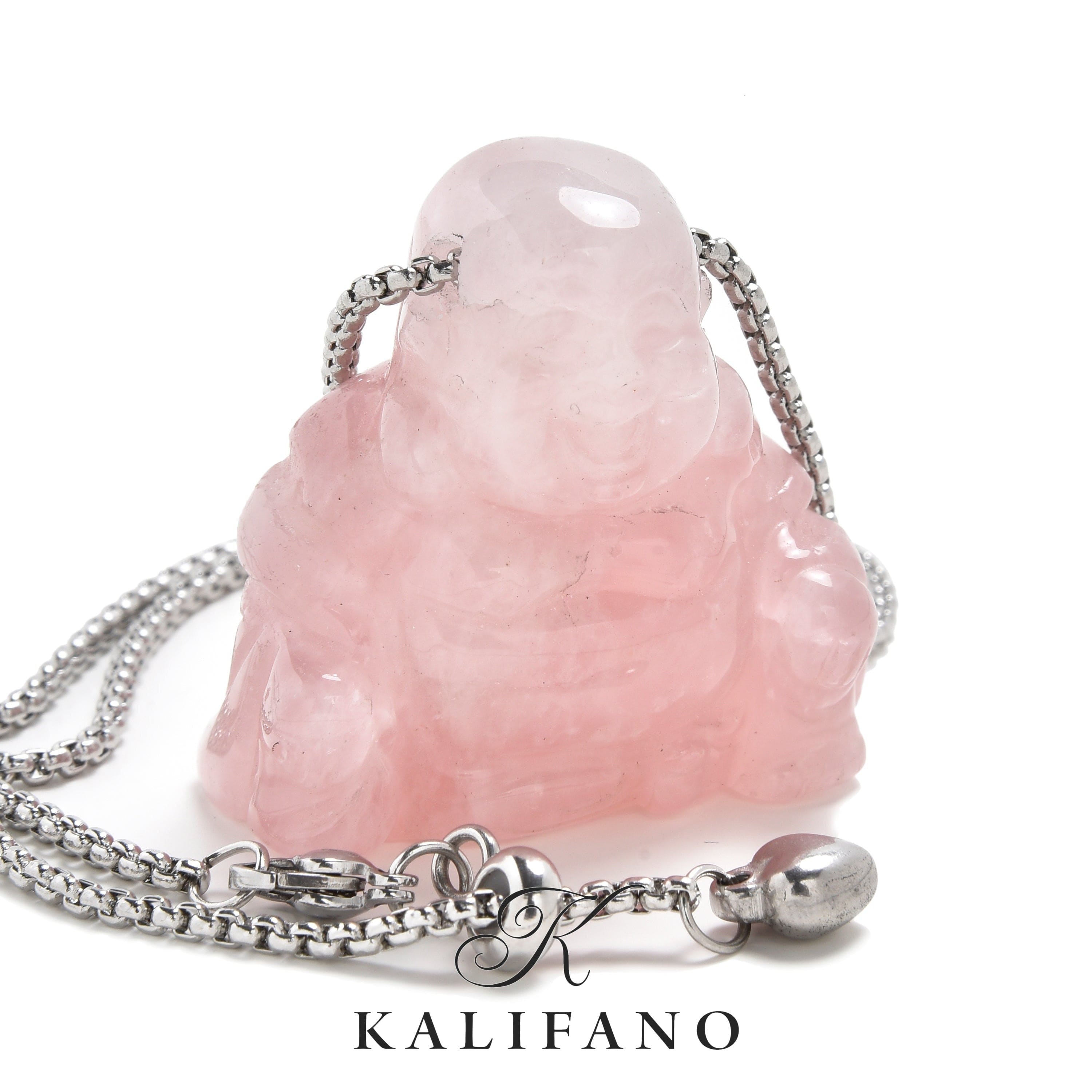 KALIFANO Gemstone Jewelry Rose Quartz Buddha Carving on Stainless Steel 30" Adjustable Bolo Chain NSCV15-B-RQ