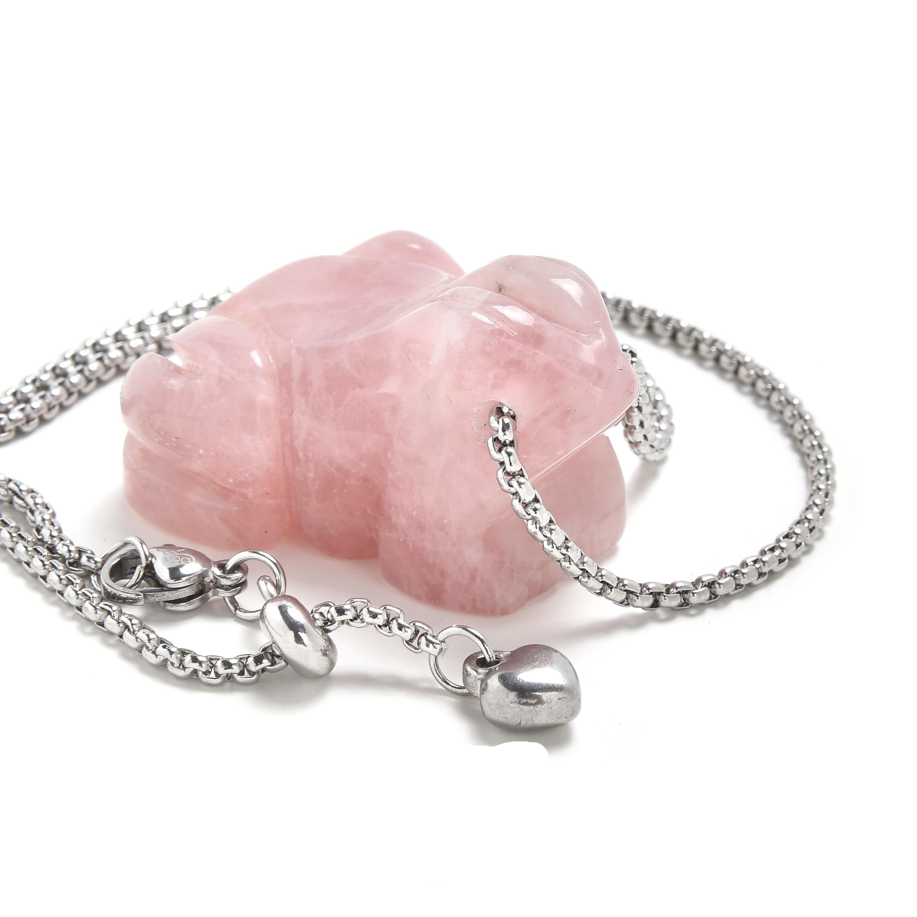 KALIFANO Gemstone Jewelry Rose Quartz Frog Carving on Stainless Steel 30" Adjustable Bolo Chain NSCV9-F-RQ