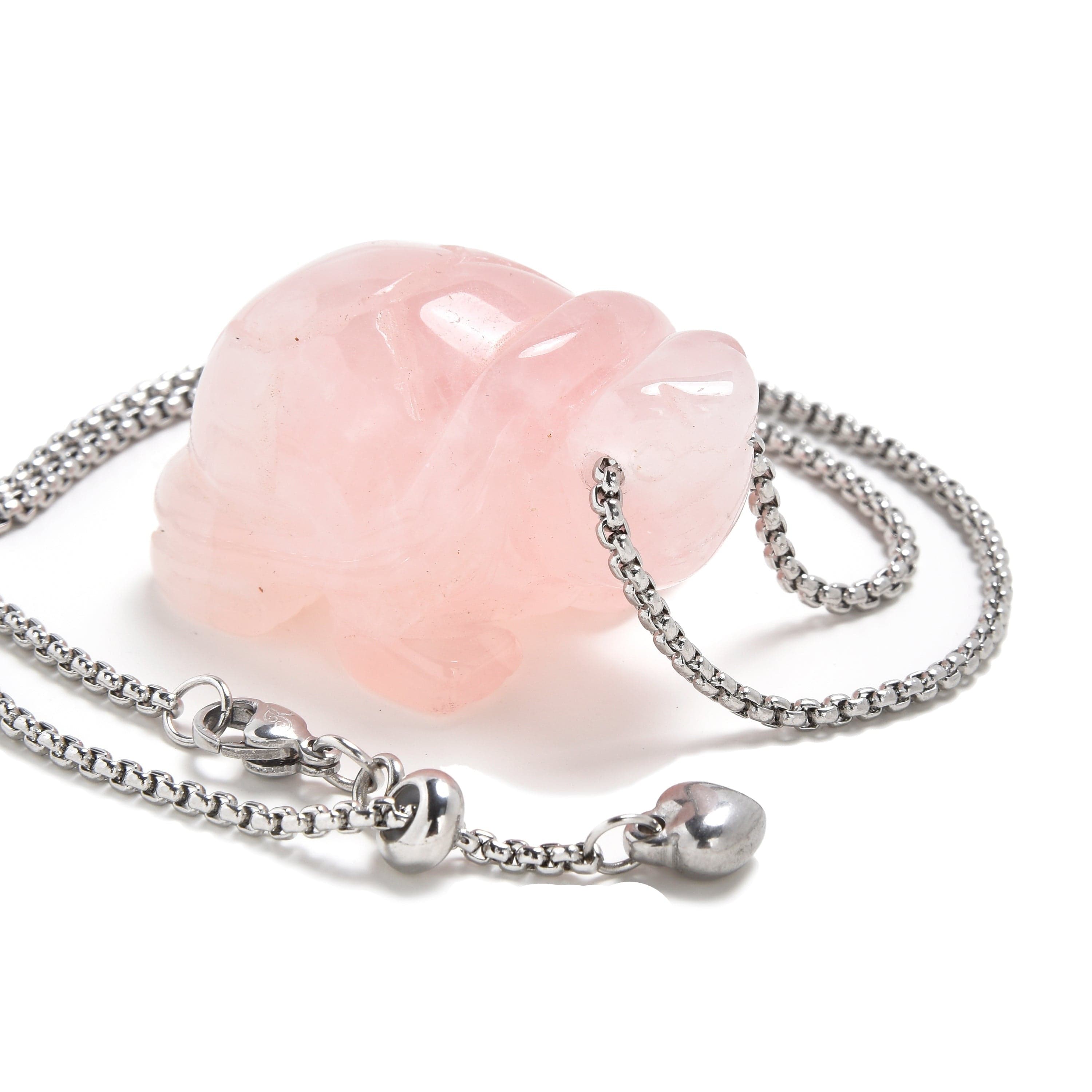 KALIFANO Gemstone Jewelry Rose Quartz Turtle Carving on Stainless Steel 30" Adjustable Bolo Chain NSCV13-T-RQ