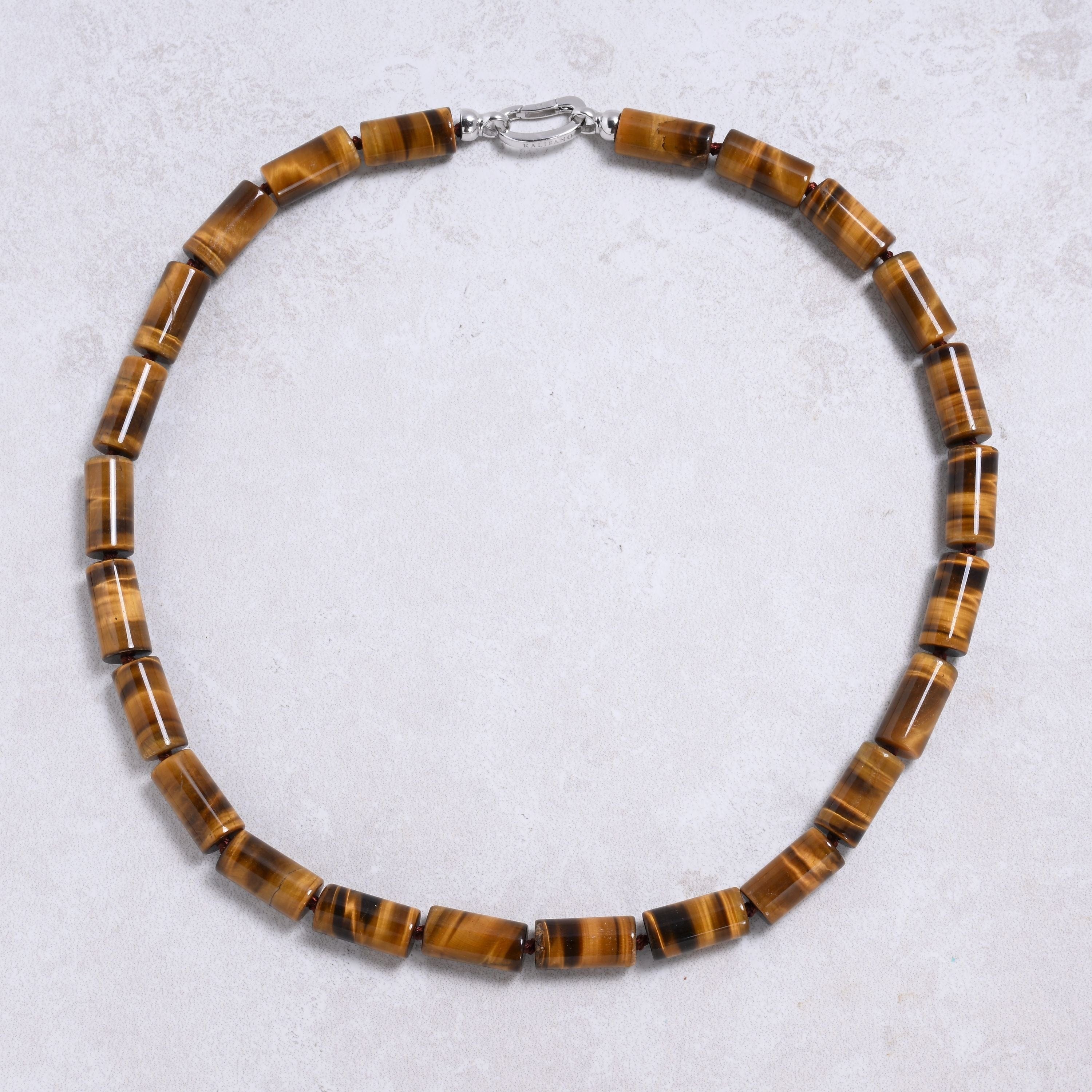 Kalifano Gemstone Jewelry Tiger Eye 10x20mm Column Gemstone Necklace with Sterling Silver Clasp - 22" 9SN-TE