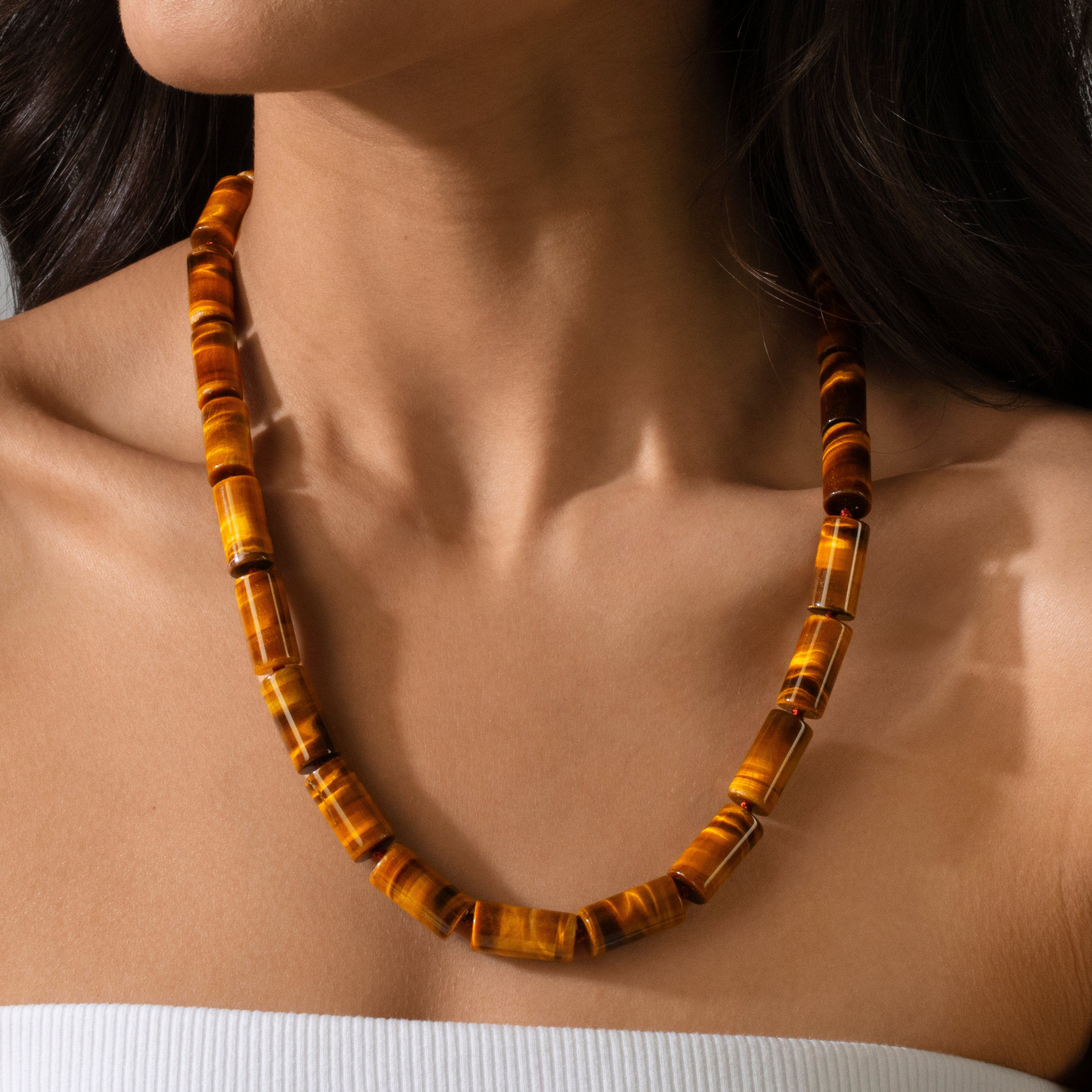 Kalifano Gemstone Jewelry Tiger Eye 10x20mm Column Gemstone Necklace with Sterling Silver Clasp - 22" 9SN-TE