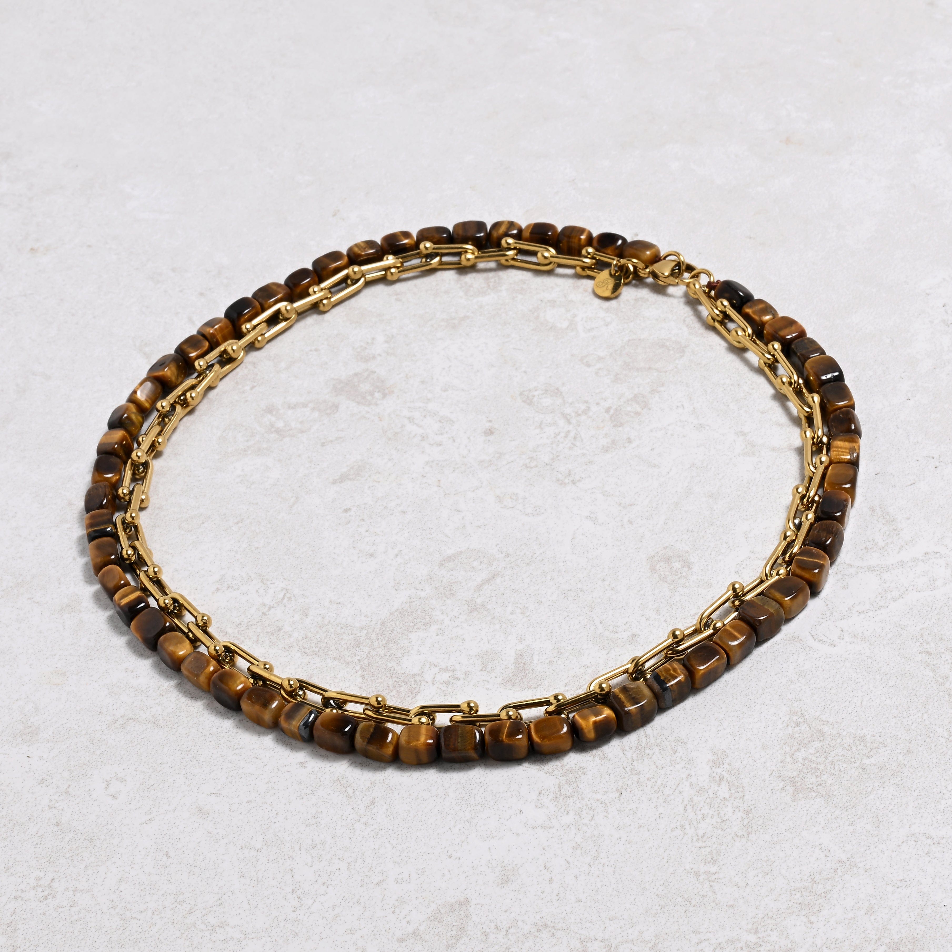 KALIFANO Gemstone Jewelry Tiger Eye & Gold Hardware Style Chain Adjustable Necklace 2SNG-TE