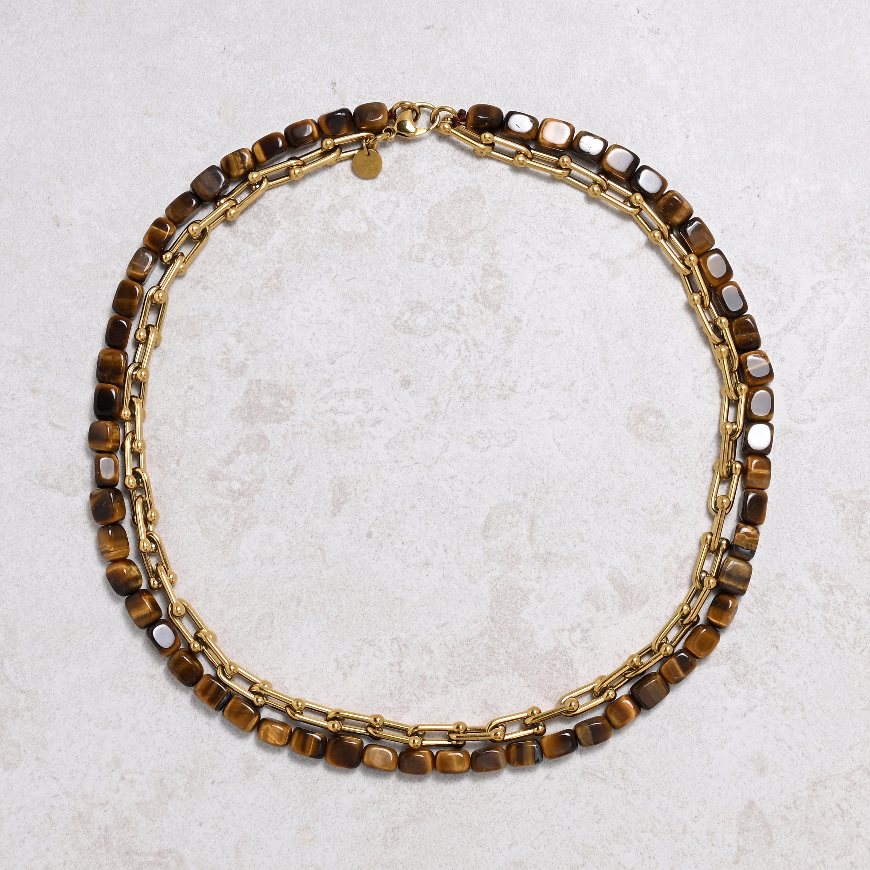 KALIFANO Gemstone Jewelry Tiger Eye & Gold Hardware Style Chain Adjustable Necklace 2SNG-TE