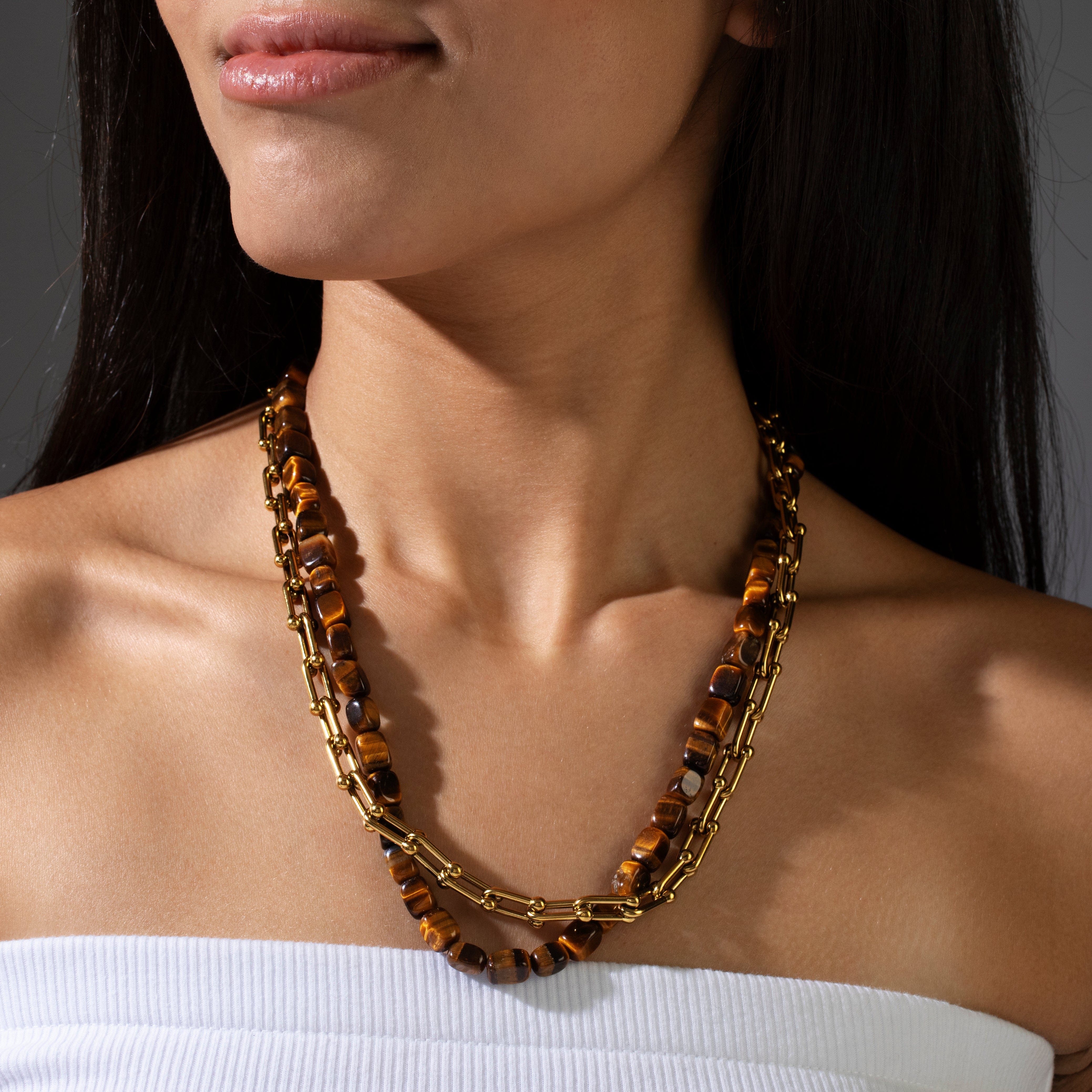 KALIFANO Gemstone Jewelry Tiger Eye & Gold Hardware Style Chain Adjustable Necklace 2SNG-TE