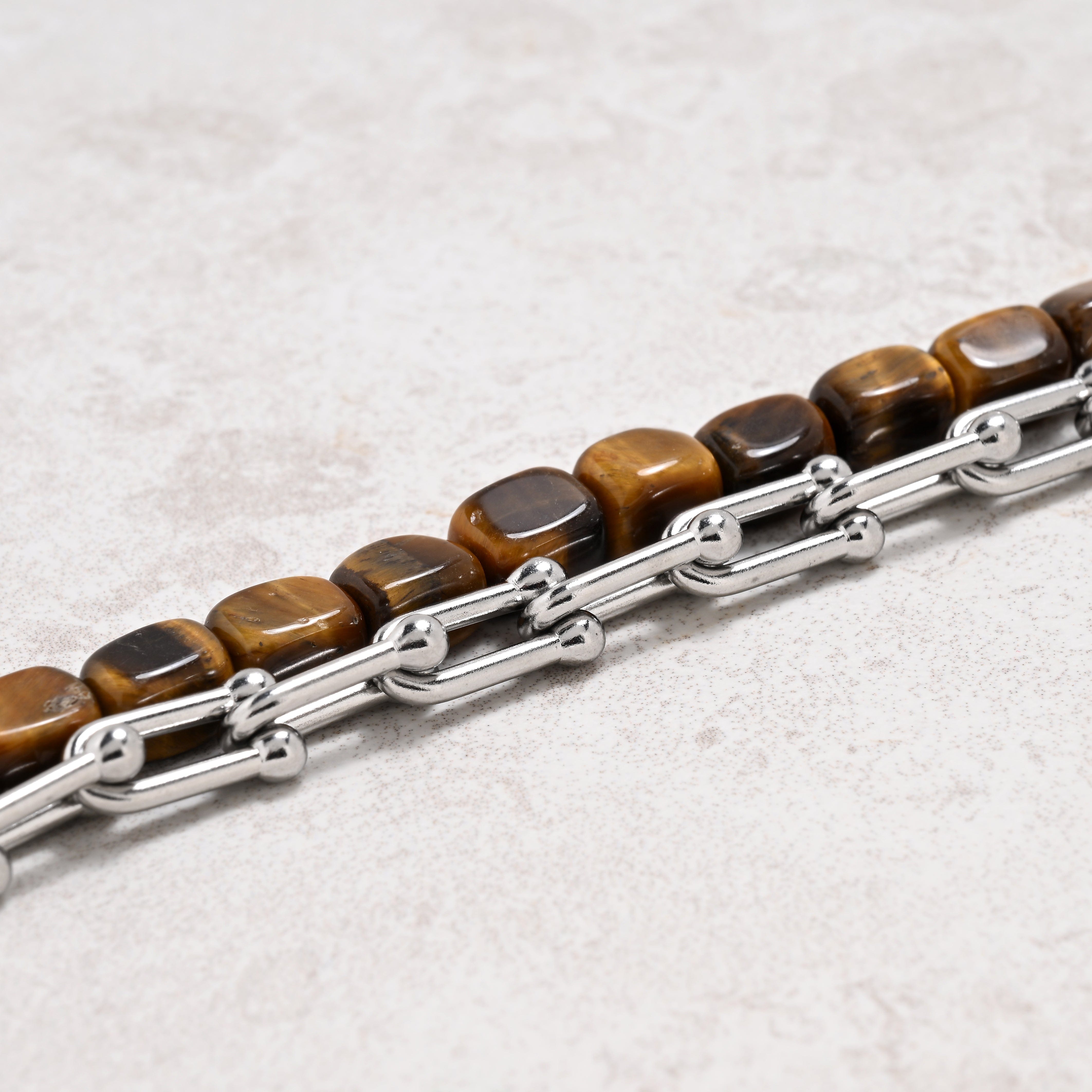 KALIFANO Gemstone Jewelry Tiger Eye & Hardware Style Stainless Steel Chain Bracelet 2SB-TE
