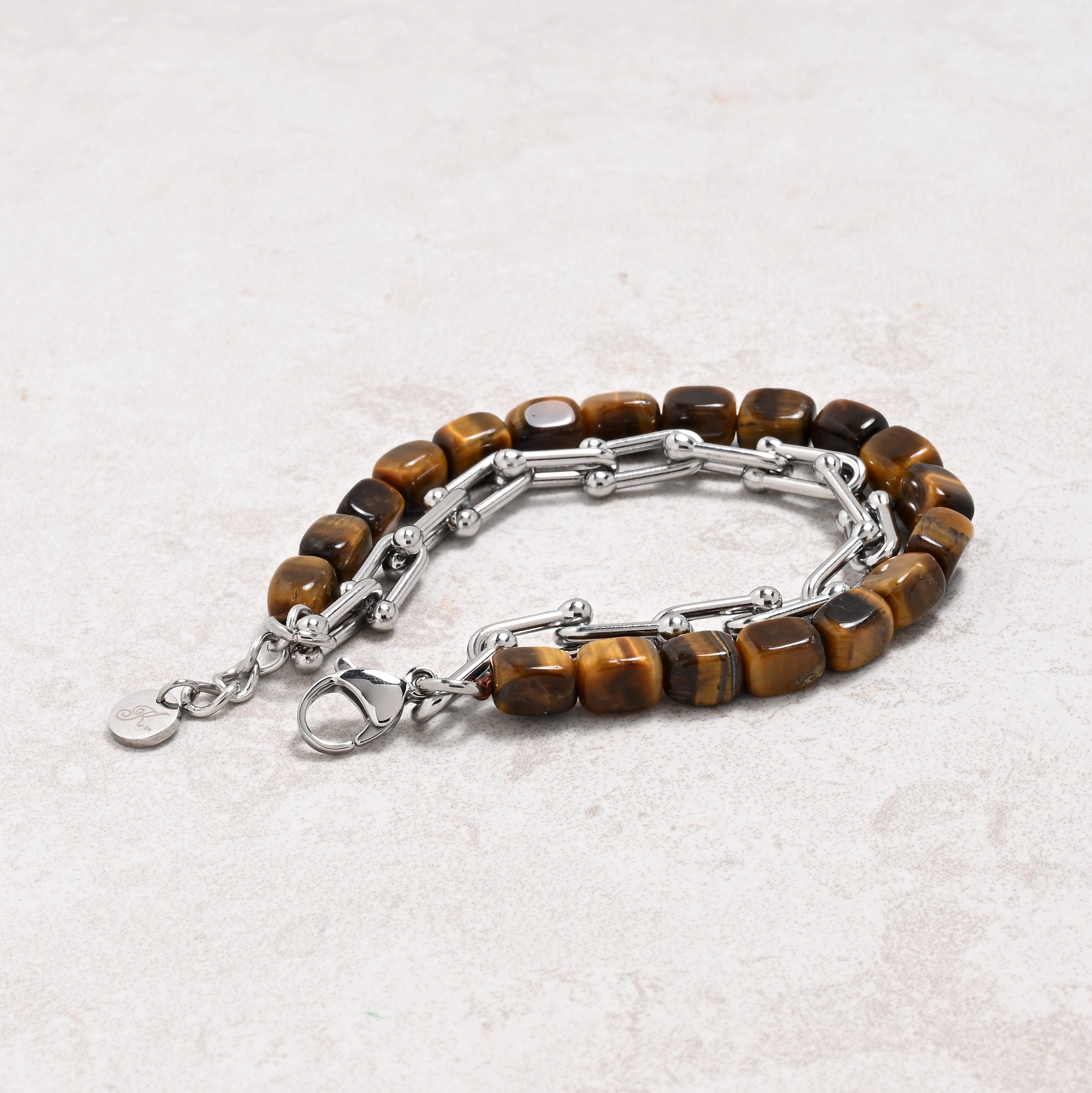 KALIFANO Gemstone Jewelry Tiger Eye & Hardware Style Stainless Steel Chain Bracelet 2SB-TE