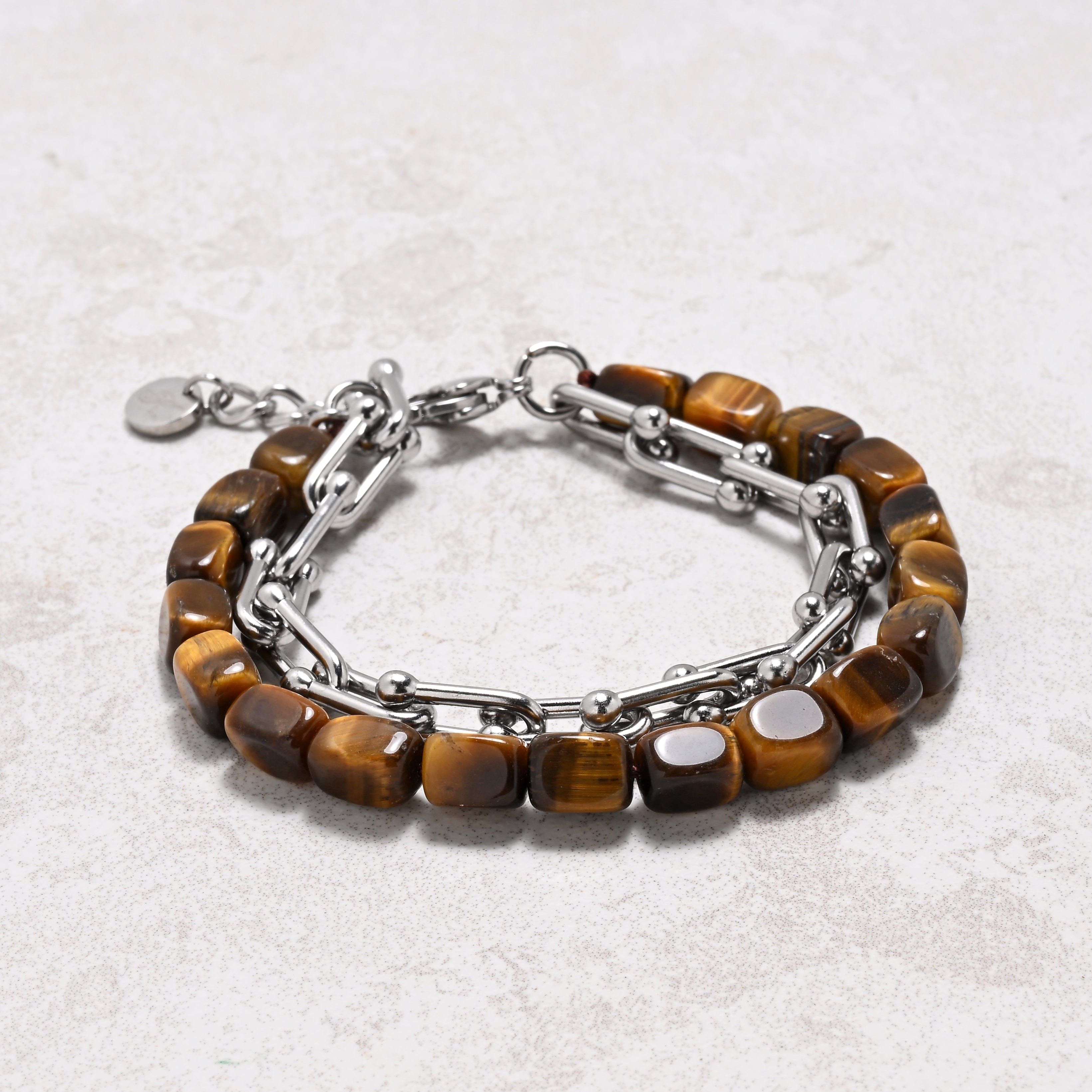 KALIFANO Gemstone Jewelry Tiger Eye & Hardware Style Stainless Steel Chain Bracelet 2SB-TE