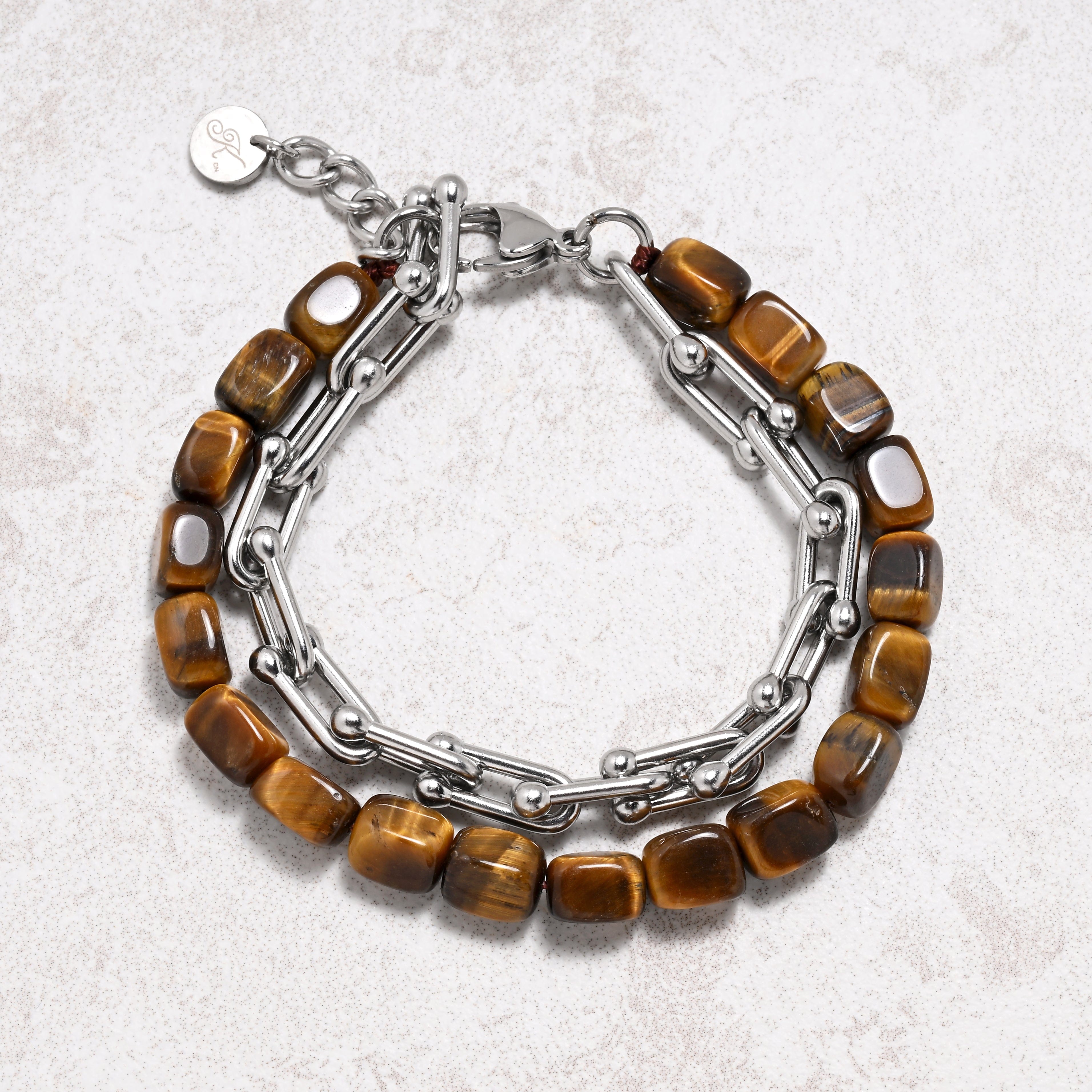 KALIFANO Gemstone Jewelry Tiger Eye & Hardware Style Stainless Steel Chain Bracelet 2SB-TE