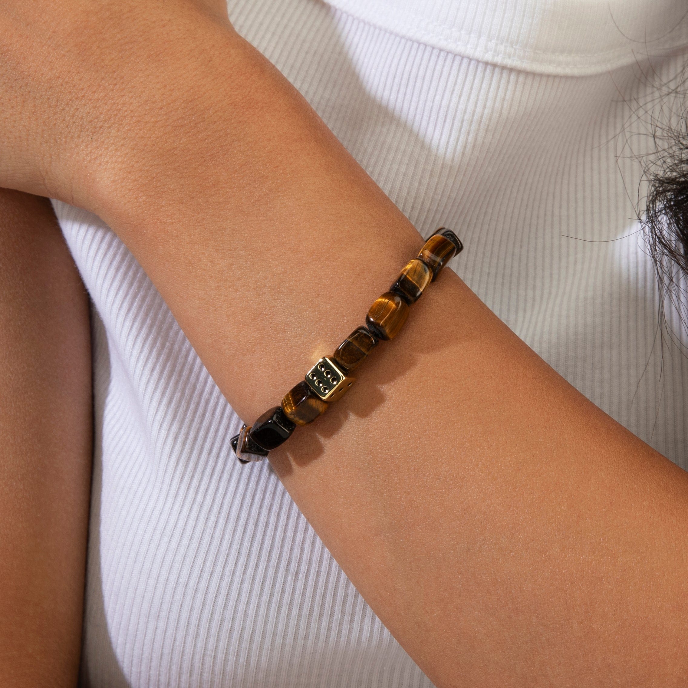 KALIFANO Gemstone Jewelry Tiger Eye Natural Gemstone Stretch Bracelet With Dice Accent Bead