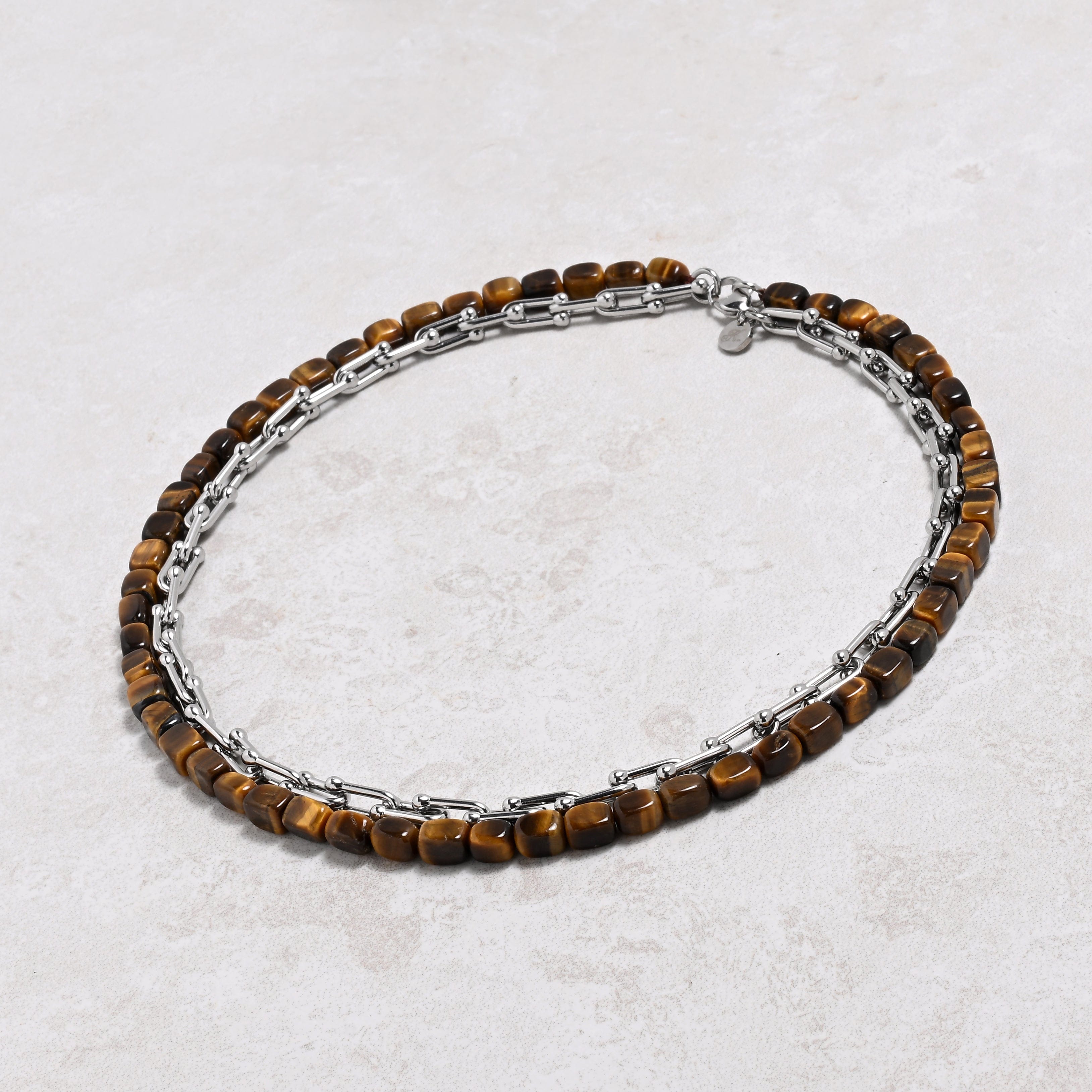 KALIFANO Gemstone Jewelry Tiger Eye & Silver Hardware Style Chain Adjustable Necklace 2SN-TE