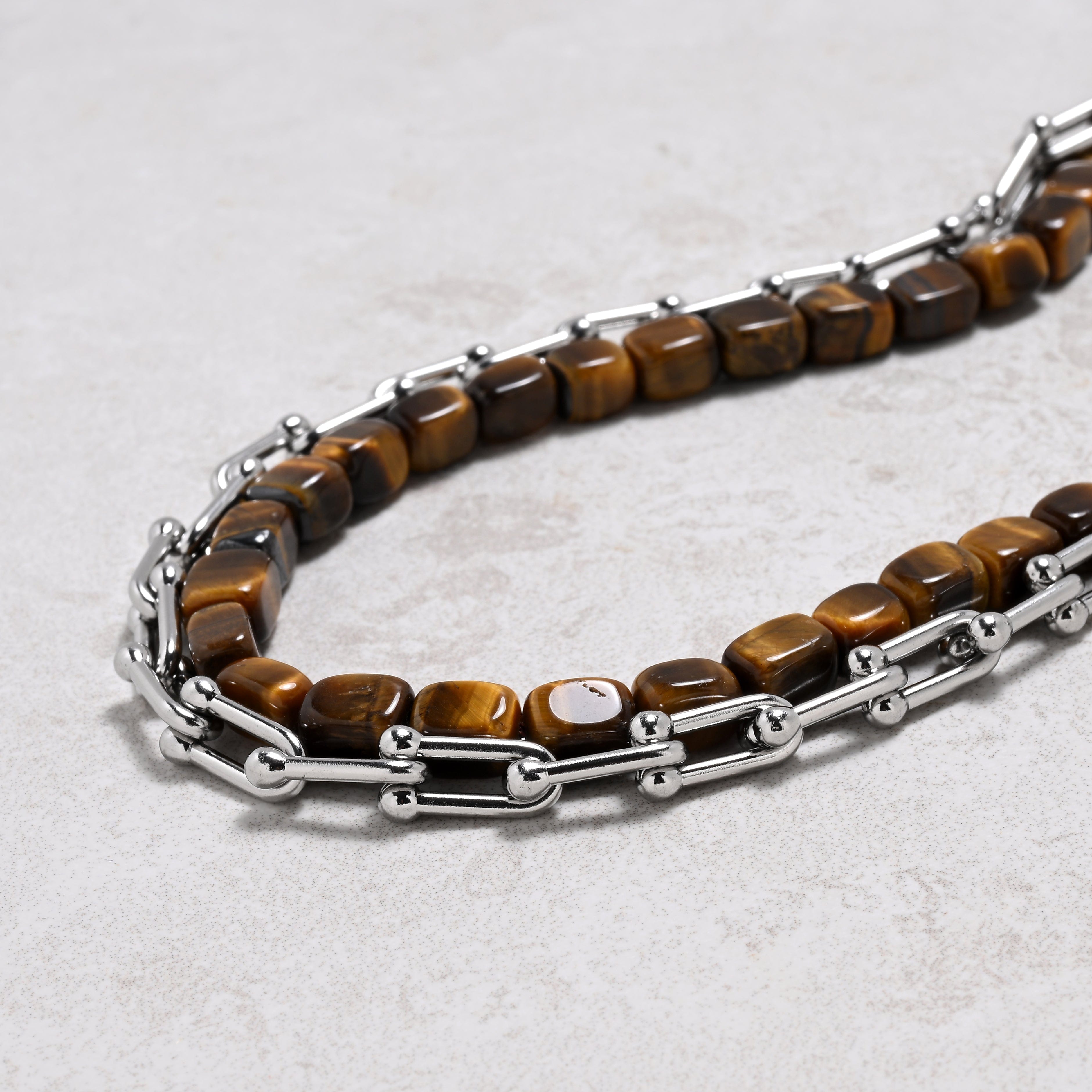 KALIFANO Gemstone Jewelry Tiger Eye & Silver Hardware Style Chain Adjustable Necklace 2SN-TE